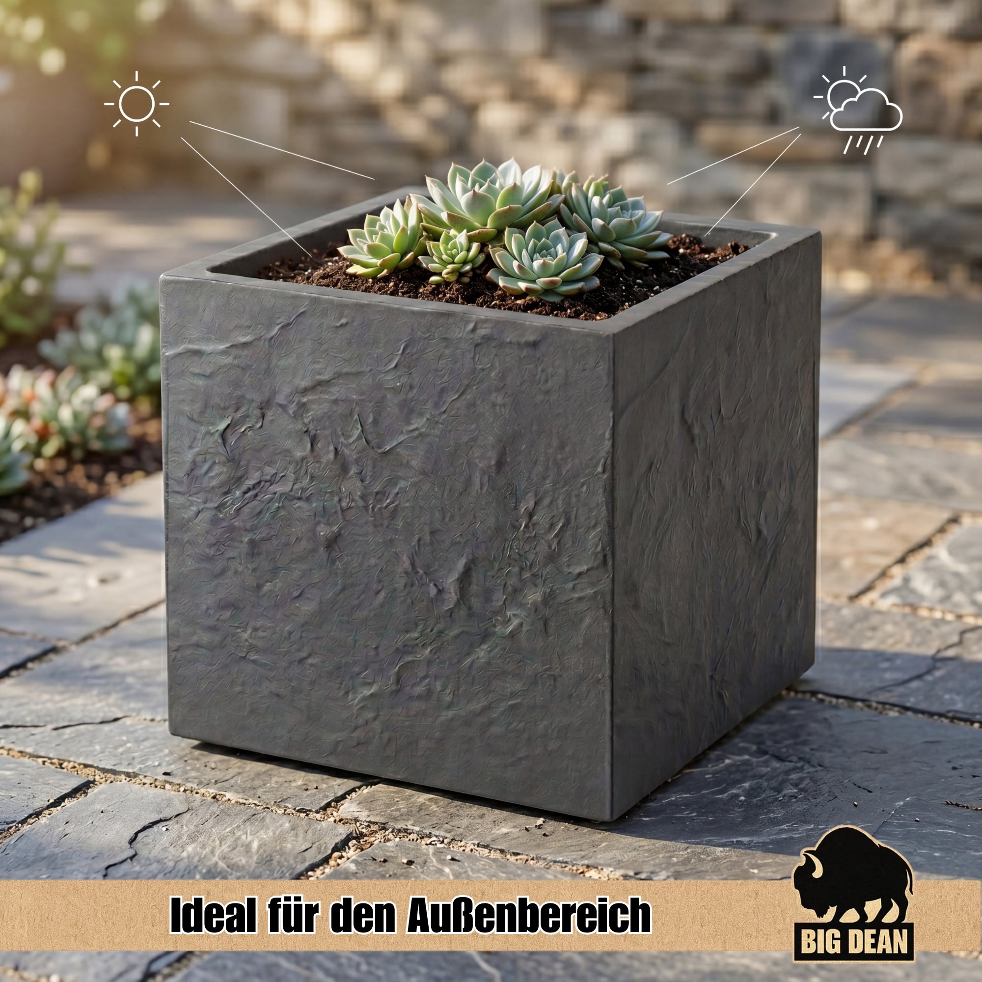 BigDean Blumenkübel Doppelwandig Steinoptik 40x40 Frostbeständig