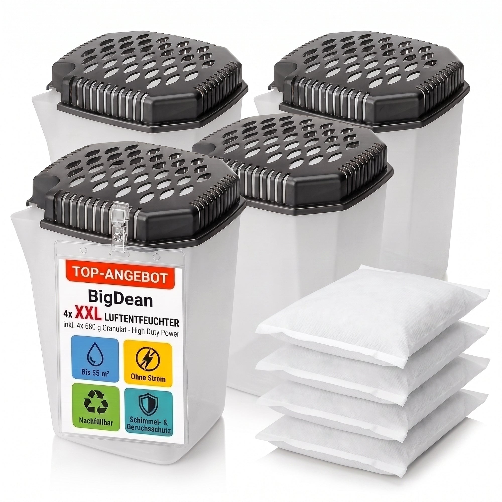BigDean Bad Luftentfeuchter 4x680ml mit 4x Nachfüllpack
