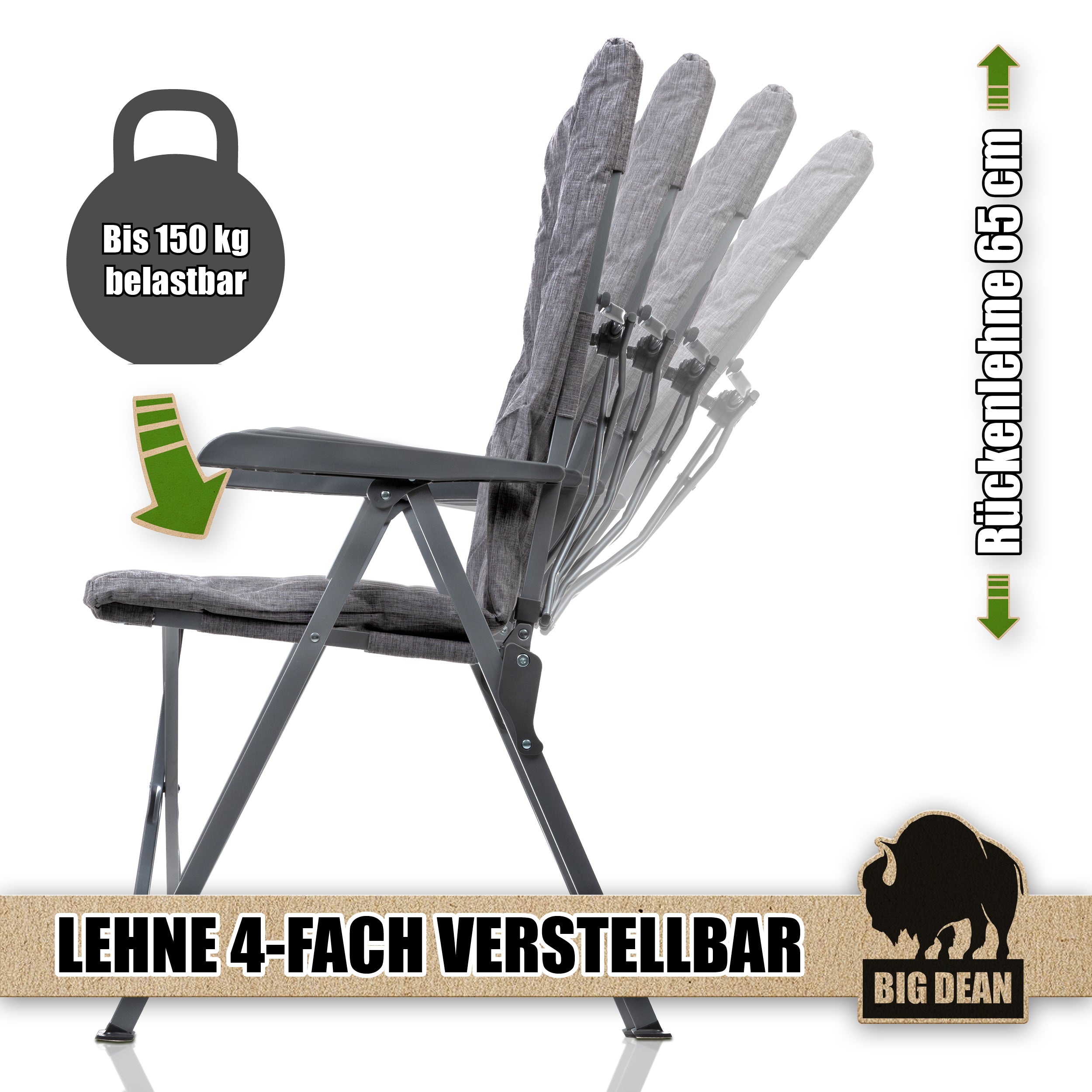 BigDean Garten Campingstuhl faltbar verstellbar Klappstuhl 150 kg