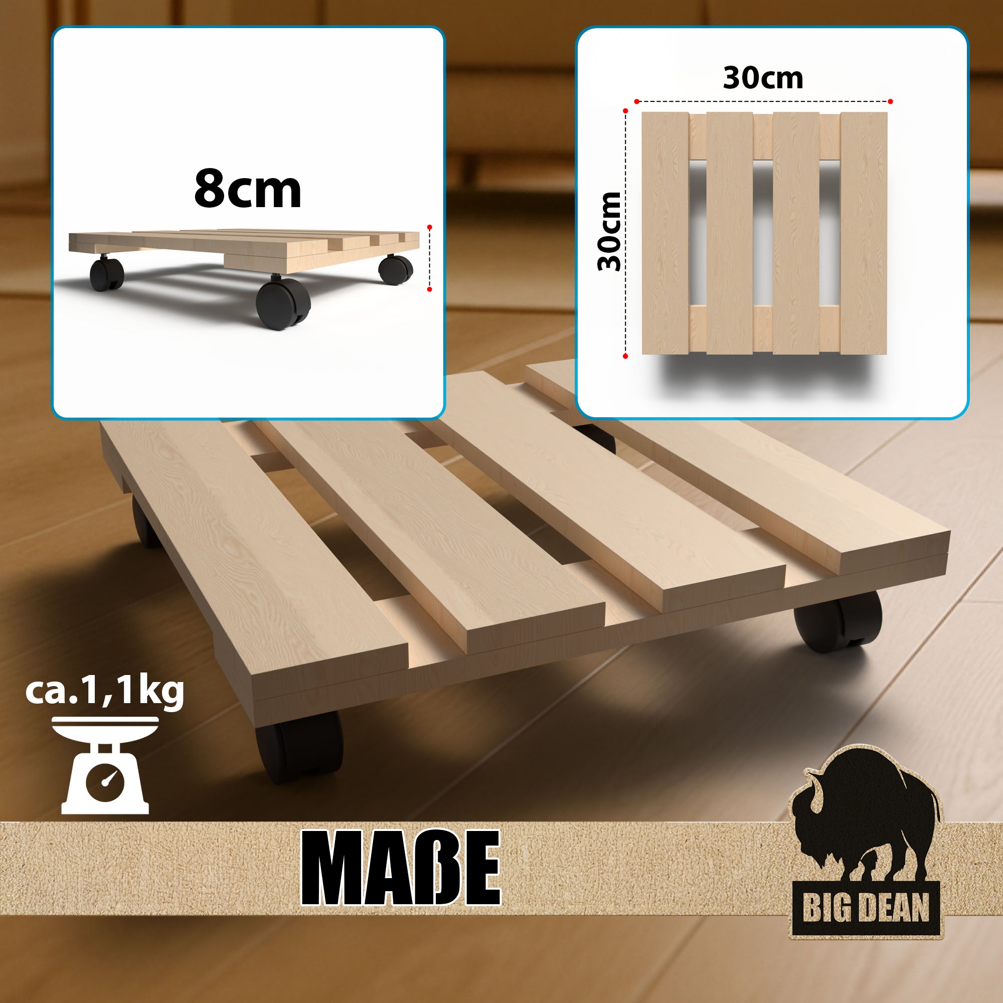 BigDean Pflanzenroller Holz Eckig 30cm 5er Set