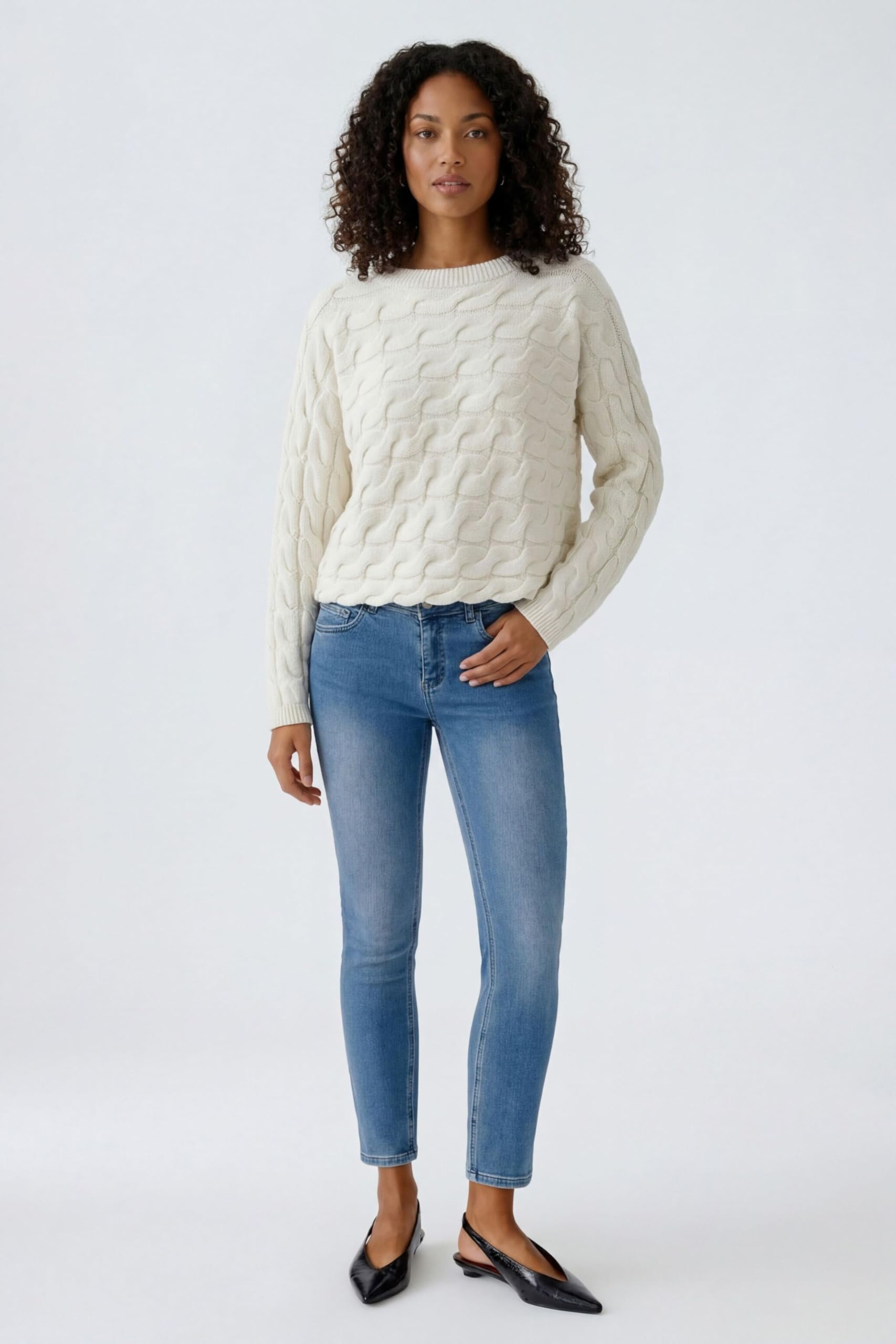 OUI Sirah Pullover Damen offwhite uni Zopfmuster boxy