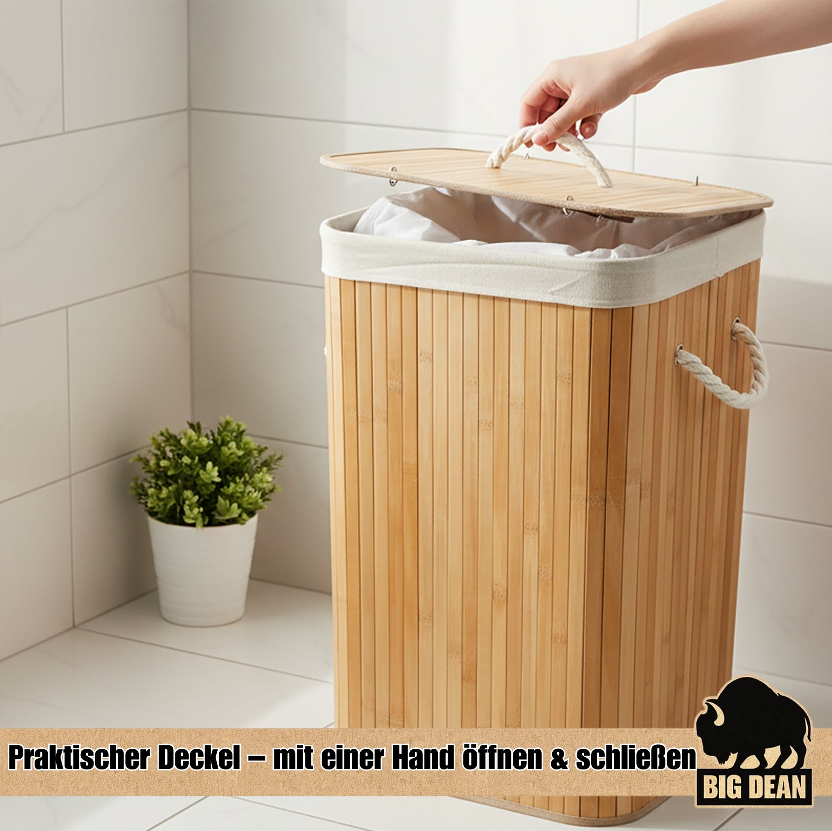 BigDean Wäschekorb Bambus 72L mit Deckel Wäschesack