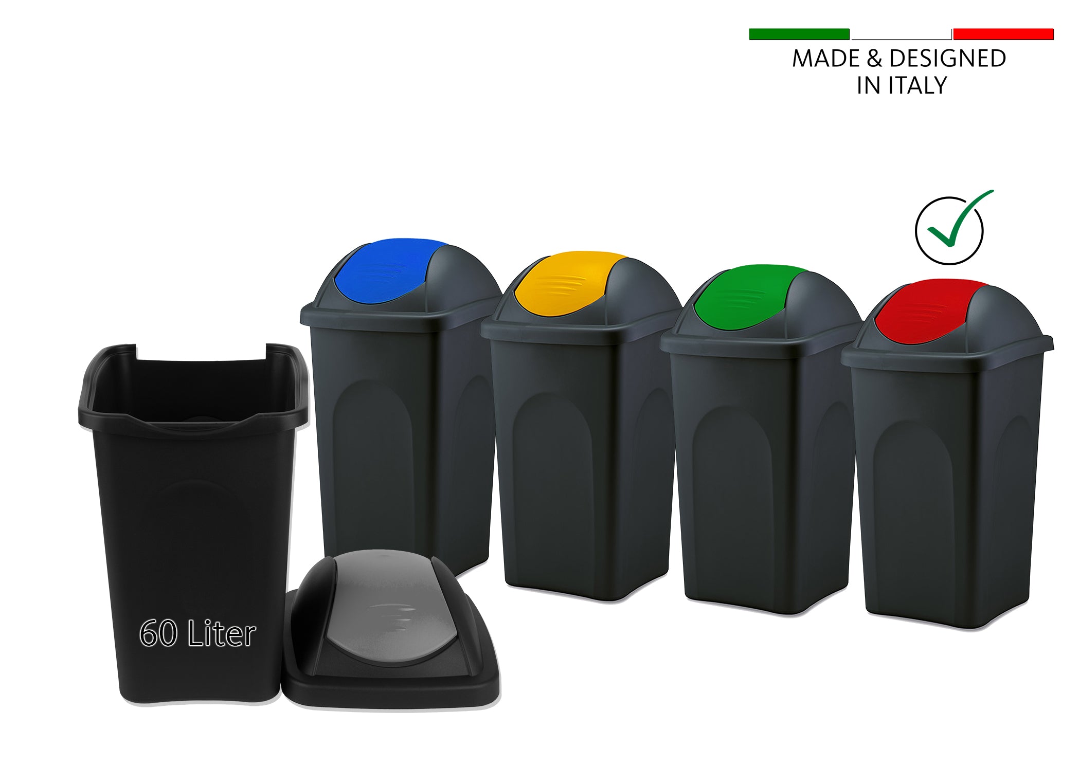 BigDean Mülleimer 60L schwarz Schwingdeckel rot