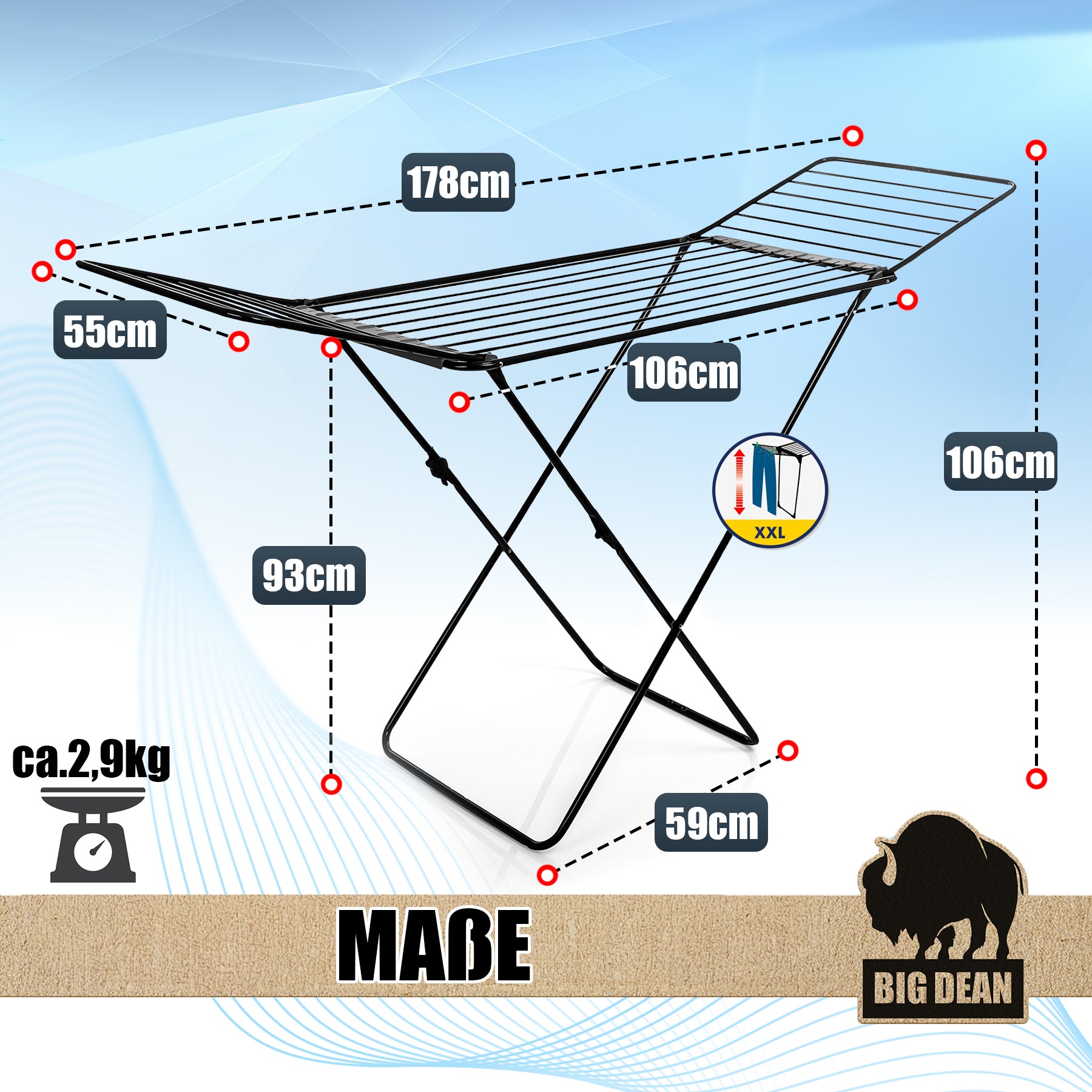 BigDean Wäscheständer XXL 20 m Schwarz 200 cm hoch