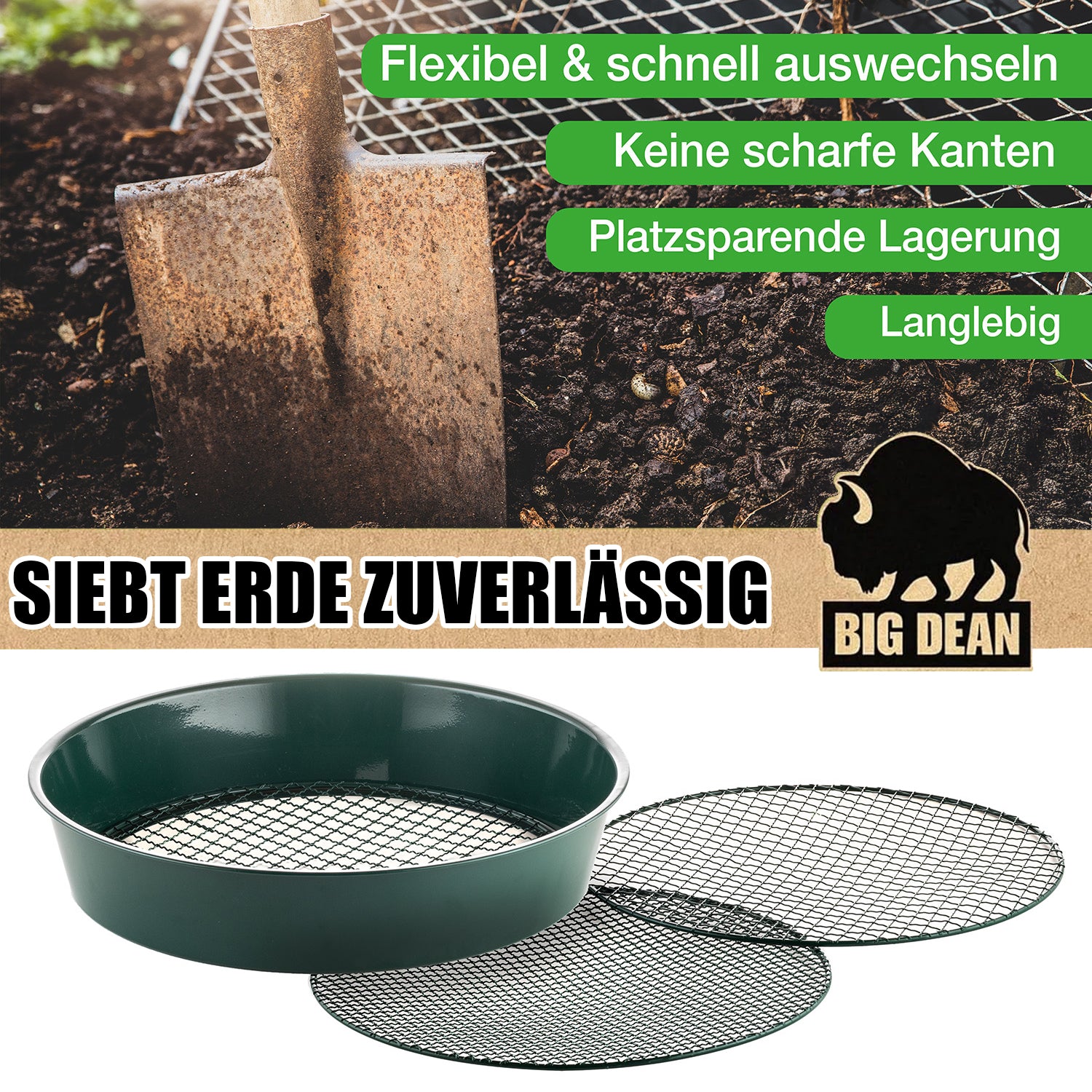 BigDean Gartensieb Metall Ø37cm Erdsieb 3 Einsätze grün