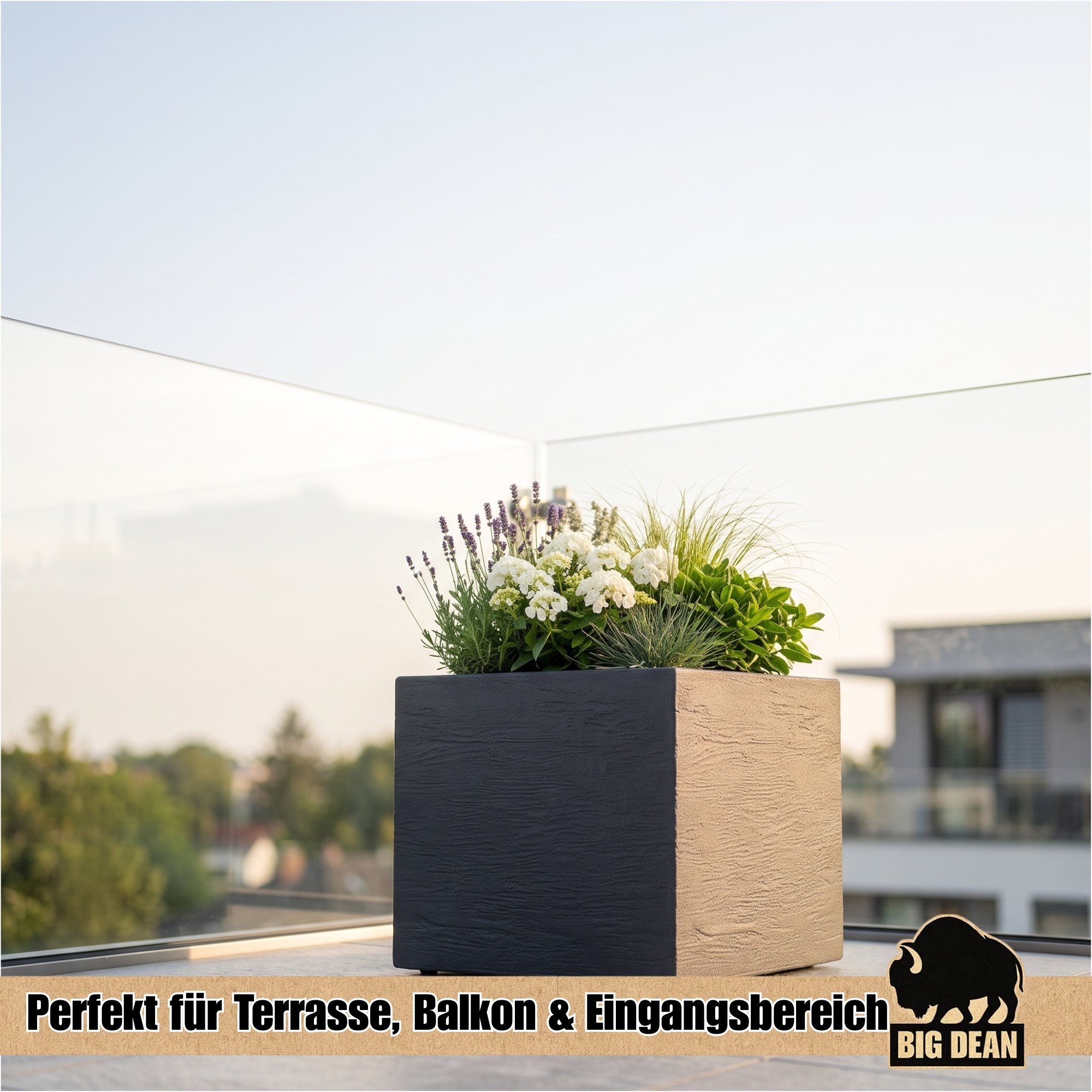 BigDean Garten Blumentopf 39x39cm Anthrazit 2er Set Steinoptik