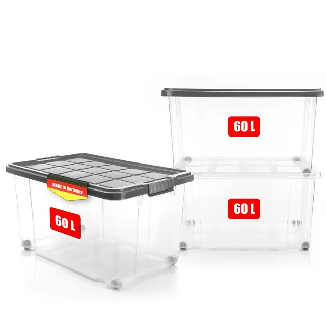 BigDean Aufbewahrung 3x 60L Aufbewahrungsbox stahlgrau transparent