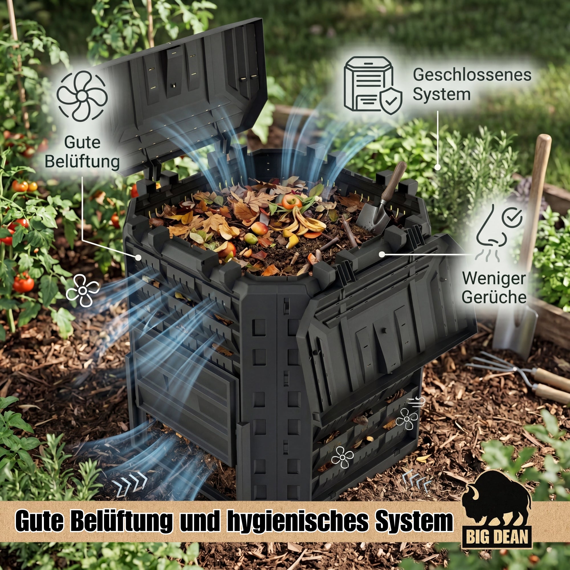BigDean Komposter 310 Liter Garten mit Deckel Schwarz
