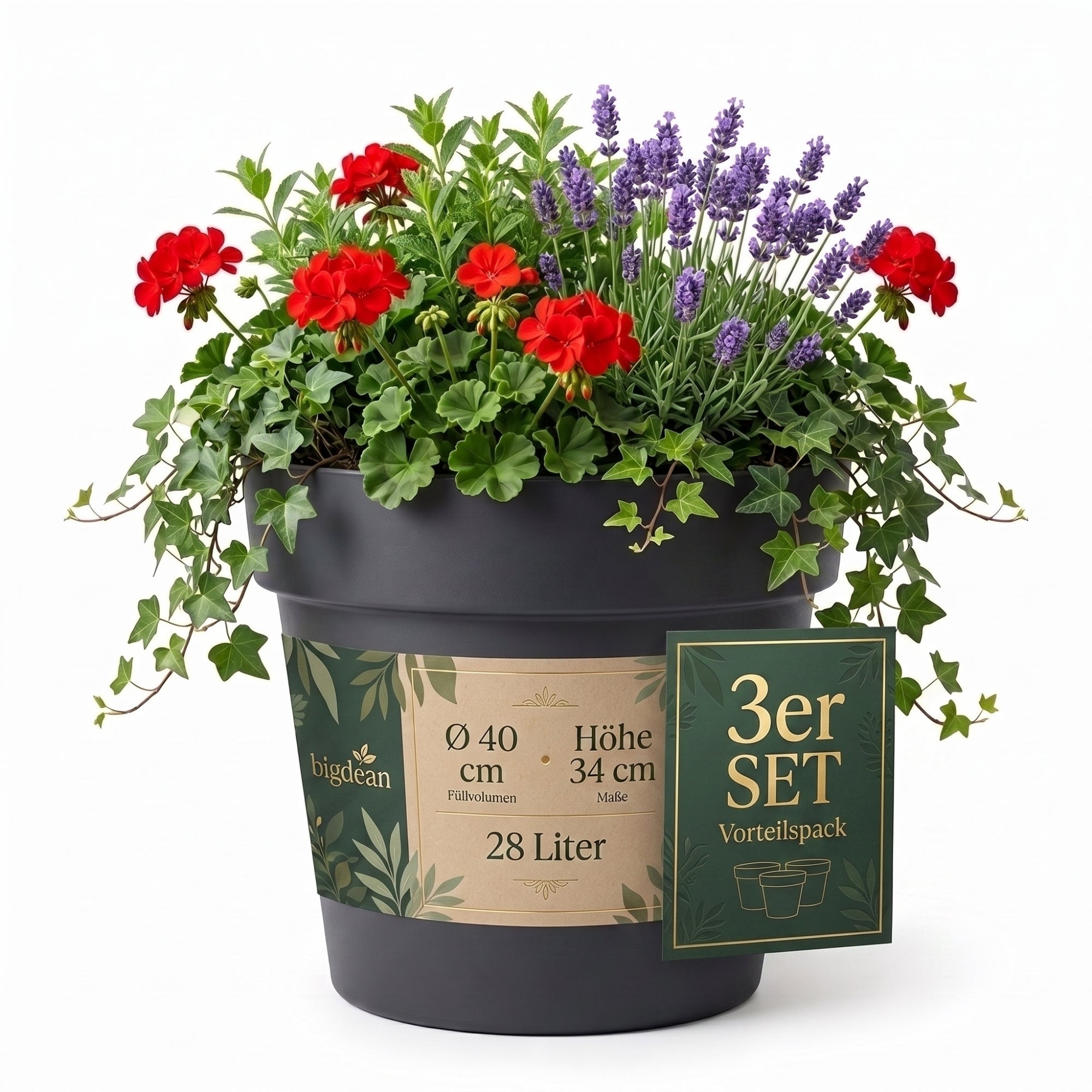 BigDean 3x Blumentopf ø 40 cm Pflanzkübel anthrazit Wasserspeicher