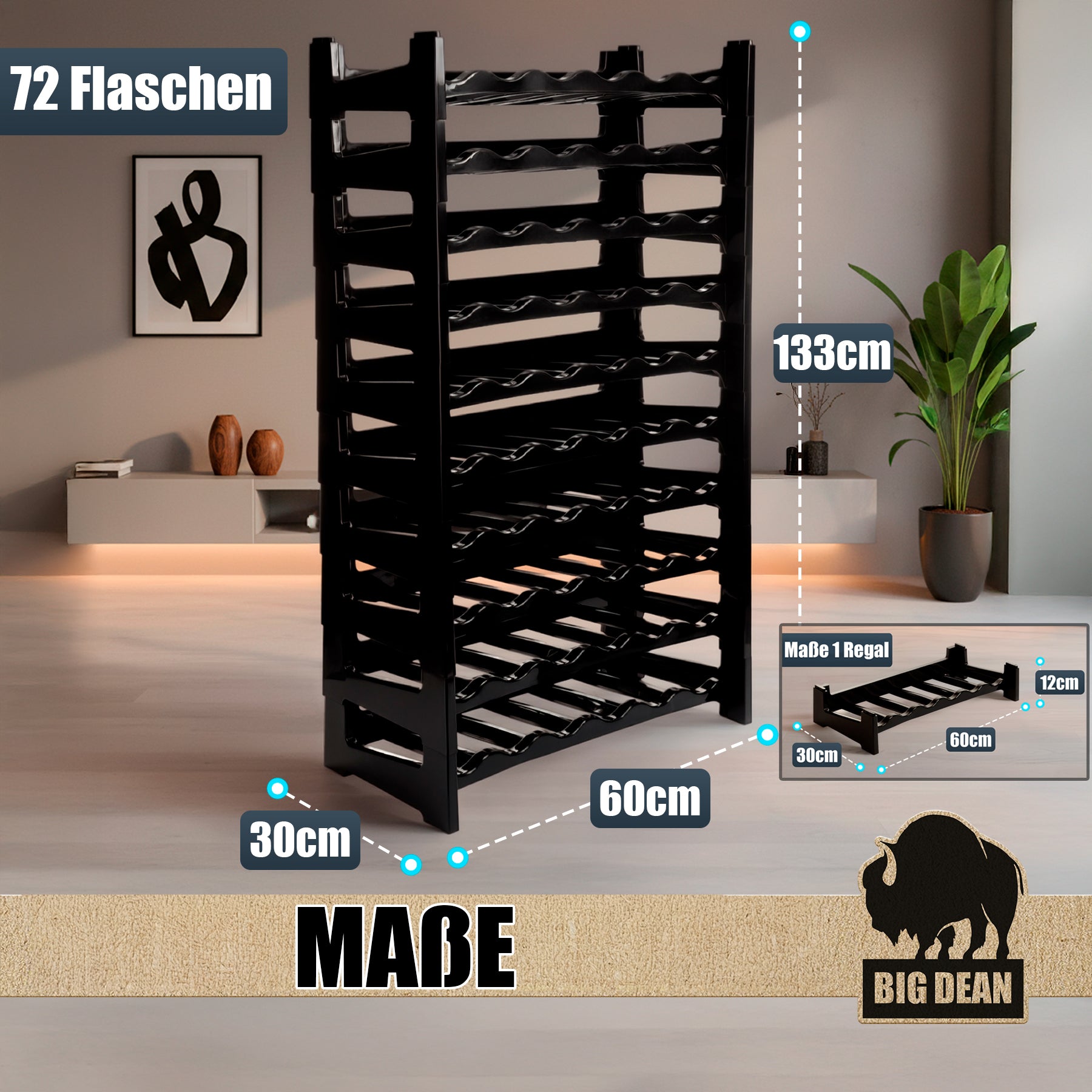BigDean Küche & Vorrat Flaschenregal 72 Flaschen schwarz stapelbar
