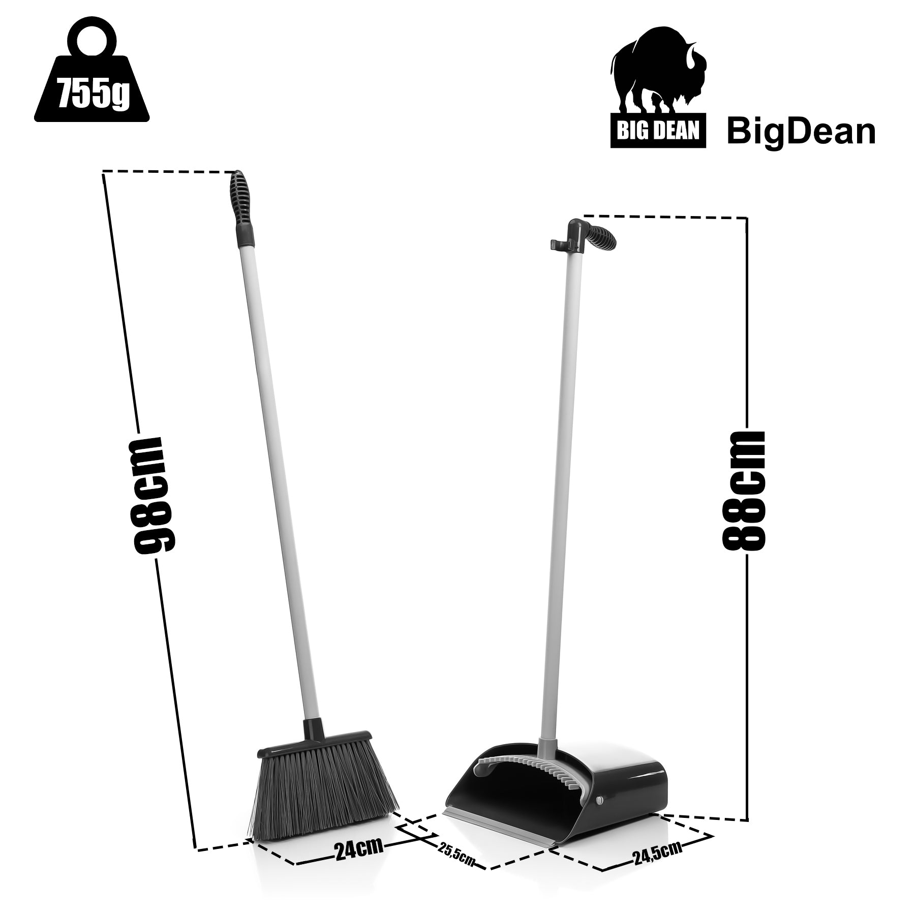 BigDean Bad Kehrschaufel Set mit Besen grau 90 Grad drehbar
