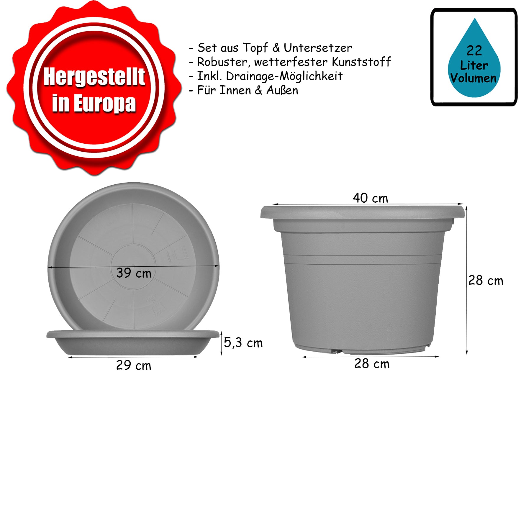 BigDean Garten Blumentopf 40cm Terrakotta 5er Set mit Untersetzer