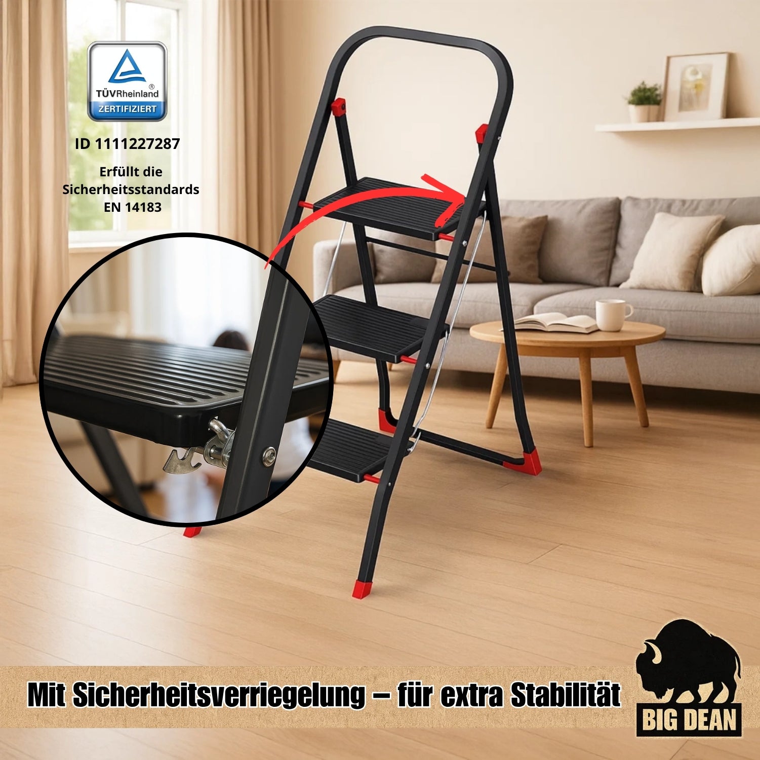 BigDean Haushalt Trittleiter 3 Stufen klappbar TÜV 150 kg