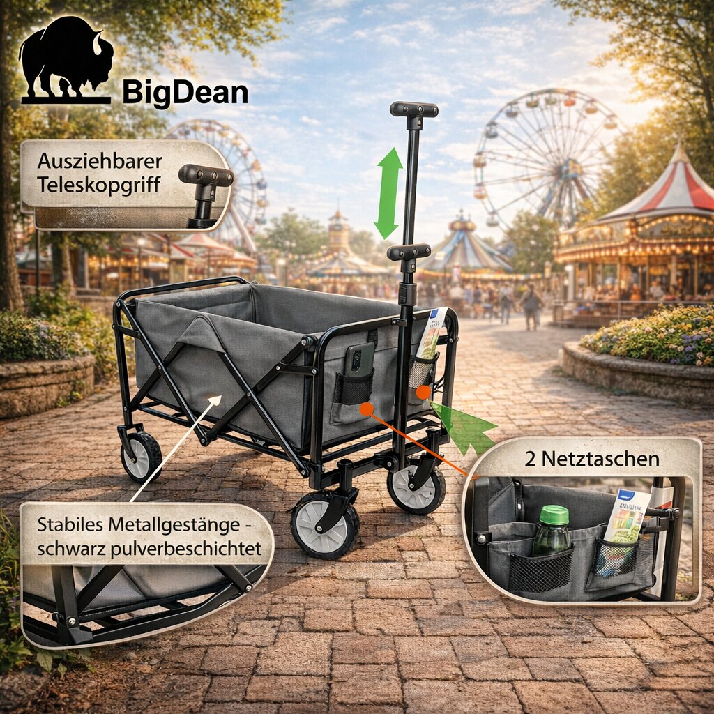 BigDean Garten Bollerwagen faltbar 80kg grau schwarz