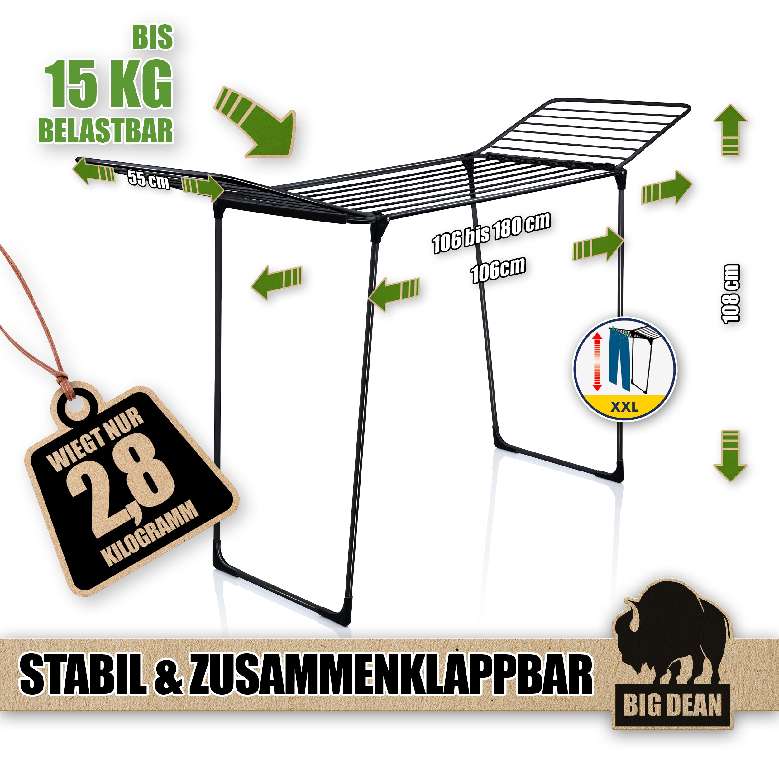 BigDean Wäscheständer 200 Schwarz 20m XXL extra hoch