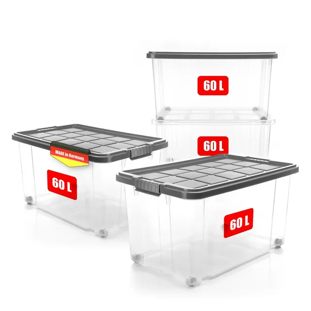 BigDean Aufbewahrungsbox 60L Deckel 4er stahlgrau stapelbar