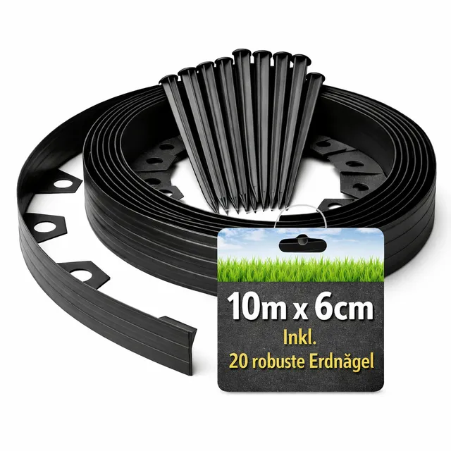 BigDean Rasenkante 10m x 6cm Komplettset mit Erdnägeln