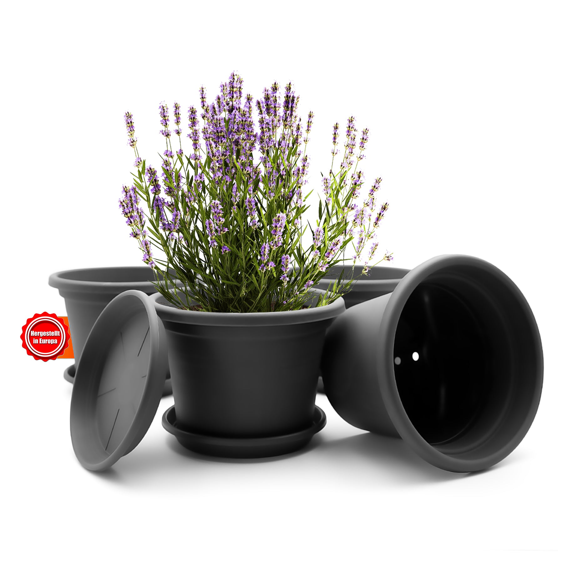 BigDean Blumentopf Ø25cm anthrazit 4er Set mit Untersetzer