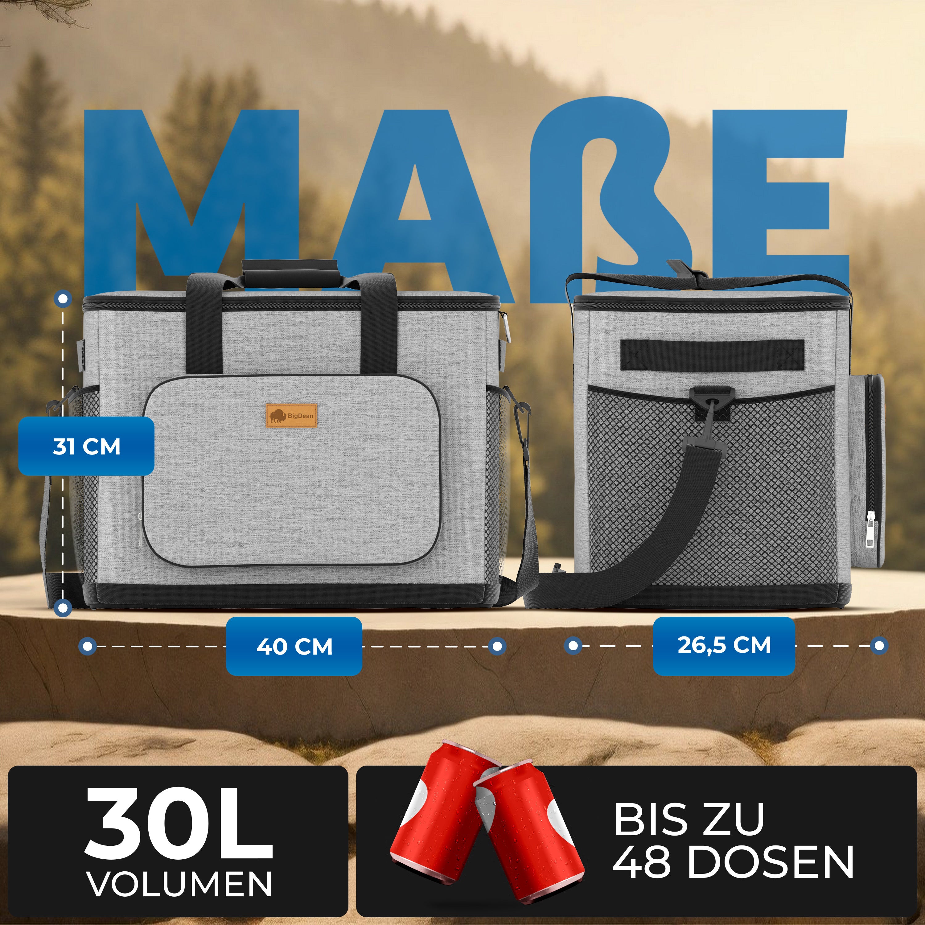 BigDean Kühltasche 30L groß grau Isoliertasche 5h