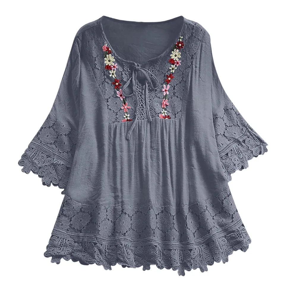 Luadnysin Tops Spitzenbluse 3/4 Arm Navy 4XL