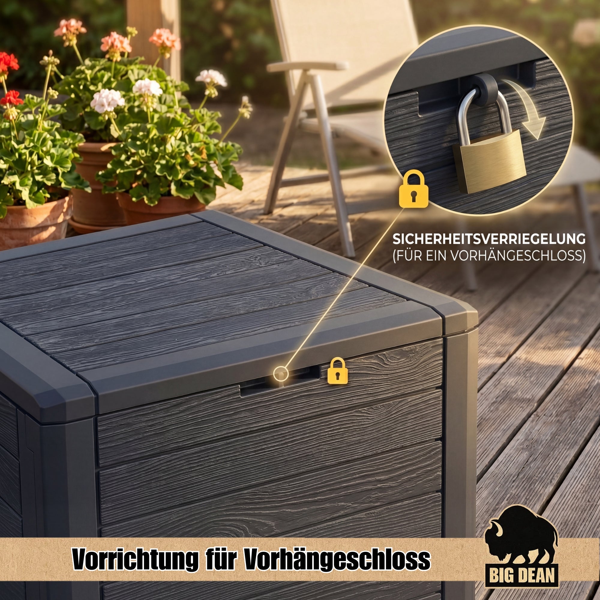 BigDean Gartenbox 140 Liter Auflagenbox Holzoptik klein