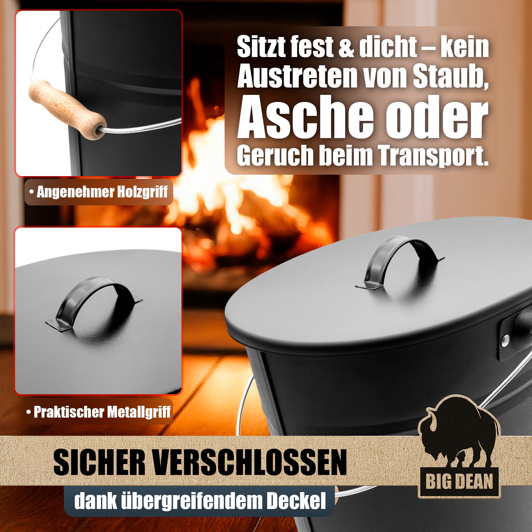BigDean Haushalt Ascheeimer Deckel 15 Liter Oval Metall