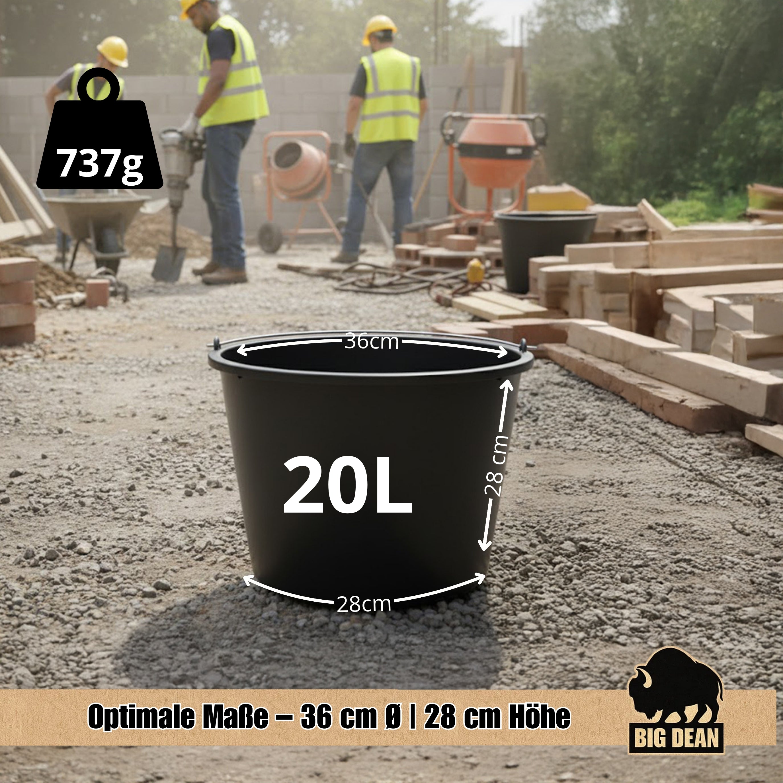 BigDean Haushalt & Alltag Baueimer 20 Liter Schwarz mit Skala