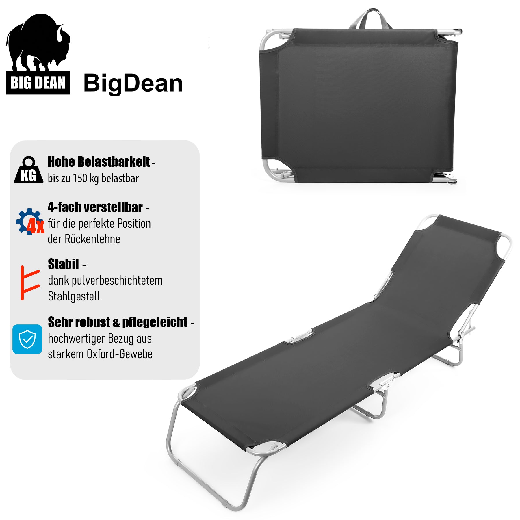 BigDean Sonnenliege klappbar Gartenliege 150kg Schwarz