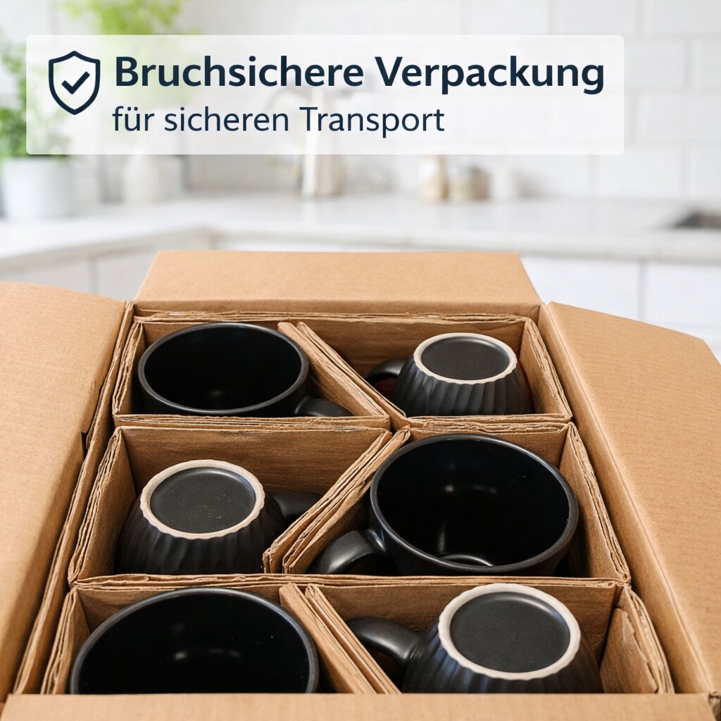 Kaffeetassen Set 6er 400 ml Schwarz Keramik Matt BigDean