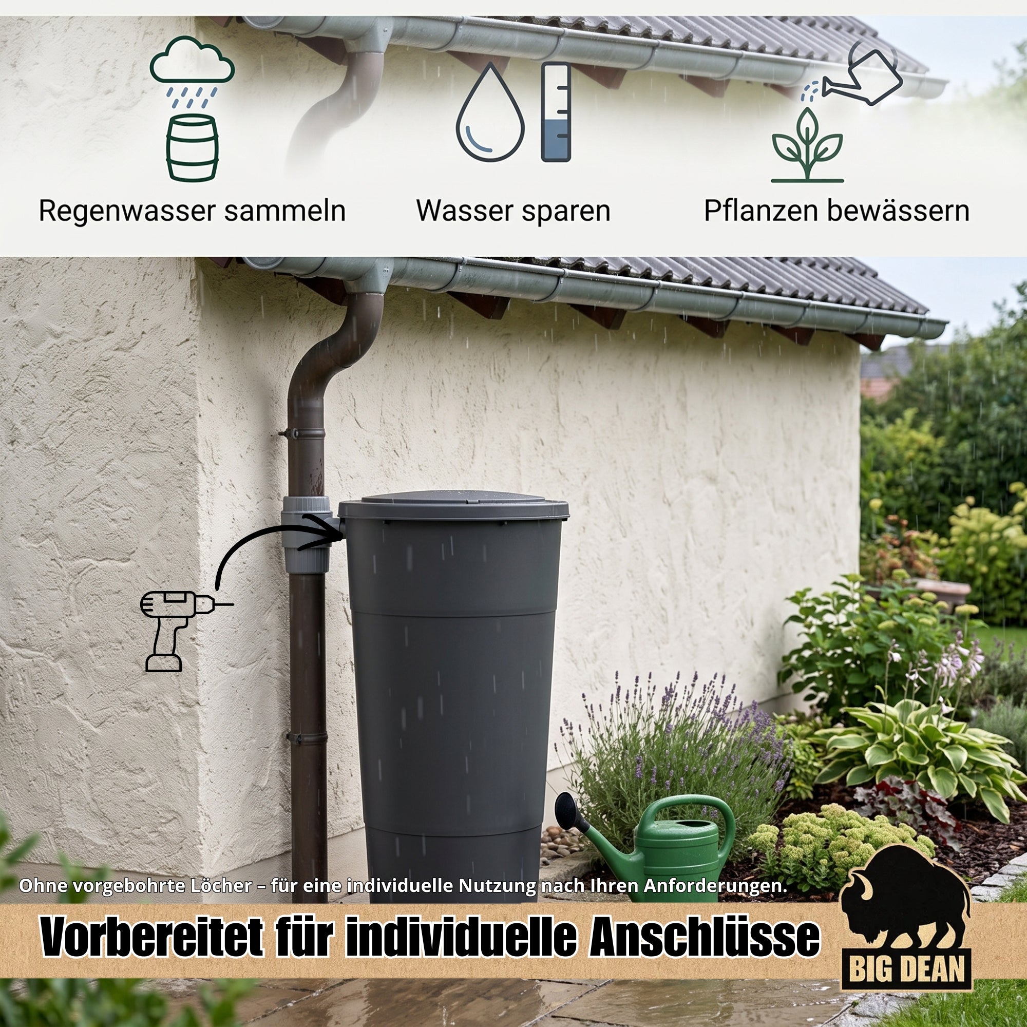 BigDean Regentonne 200L anthrazit Kunststoff mit Deckel