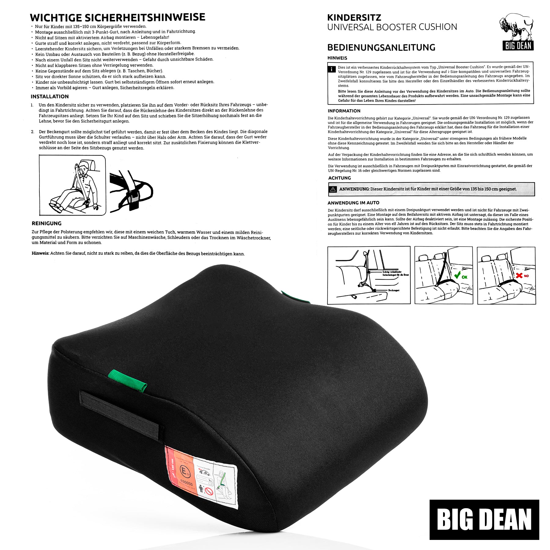BigDean Haushalt Kindersitzerhöhung R129 i-Size Schwarz 2 Stück