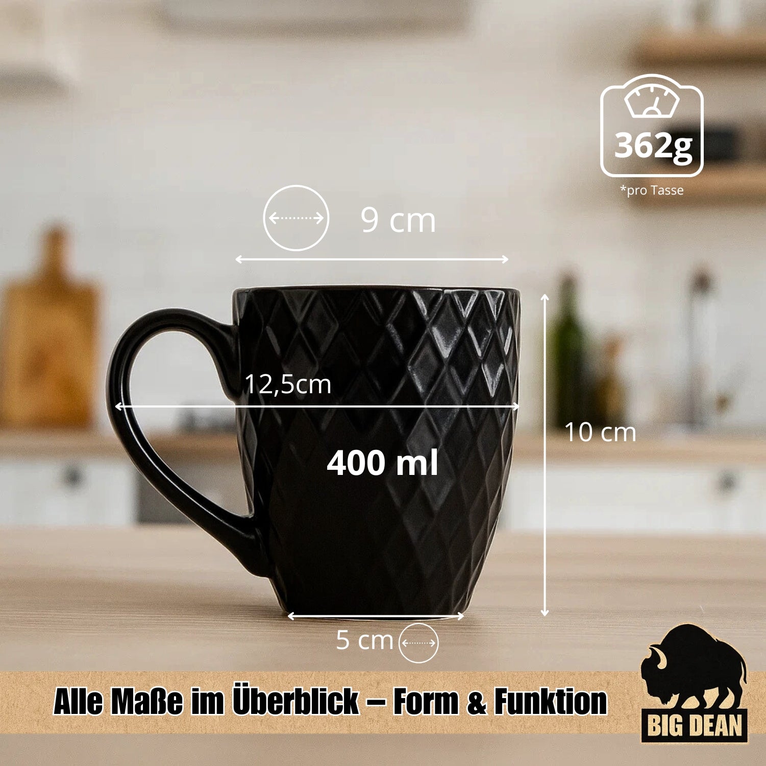 BigDean Küche Kaffeetassen 400ml schwarz matt 6er Keramik