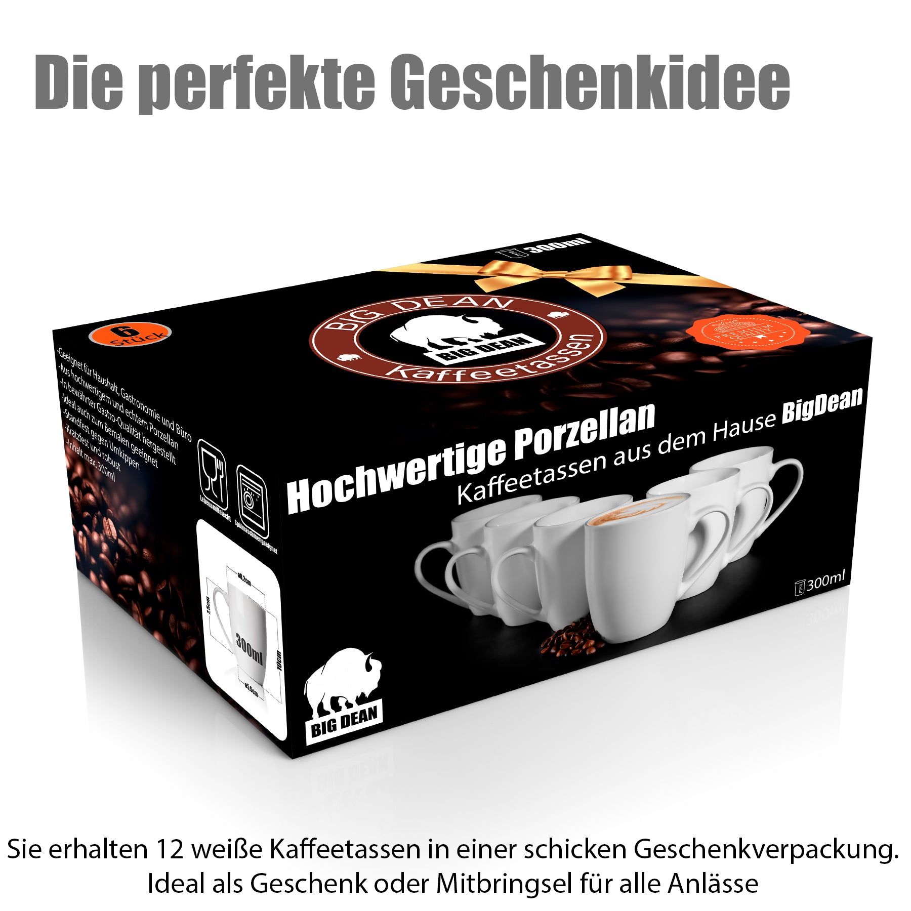 Kaffeebecher Weiß 300 ml Porzellan 12 Stück Geschenkbox