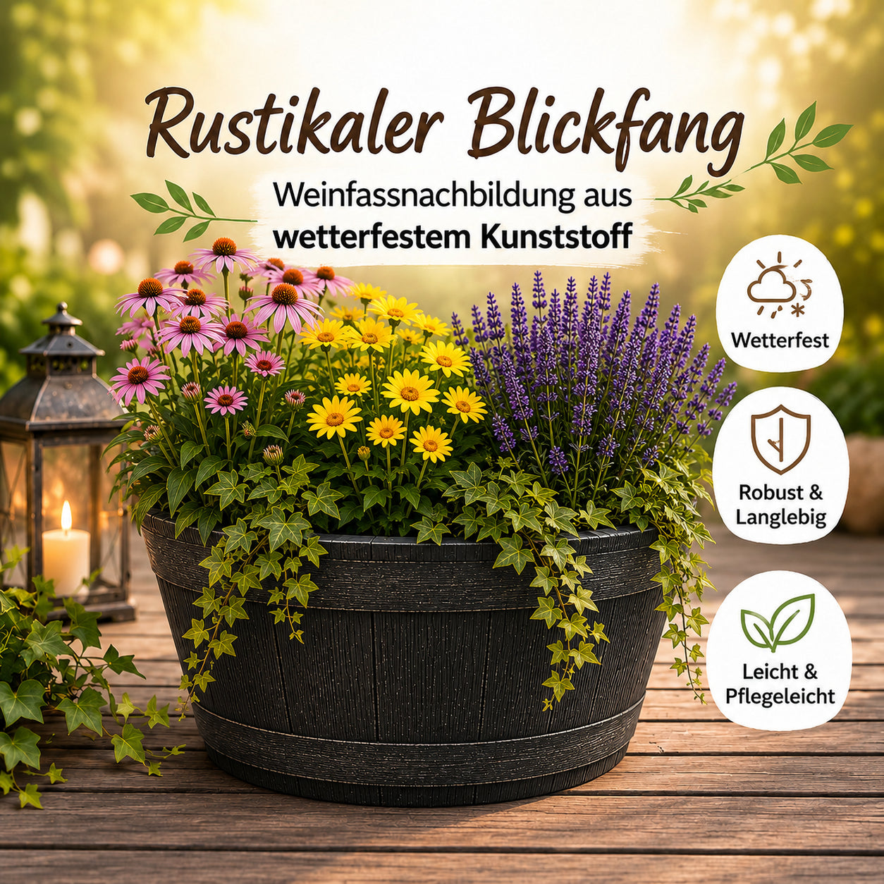 BigDean Weinfass XL Bottich 90 L Anthrazit Holzoptik