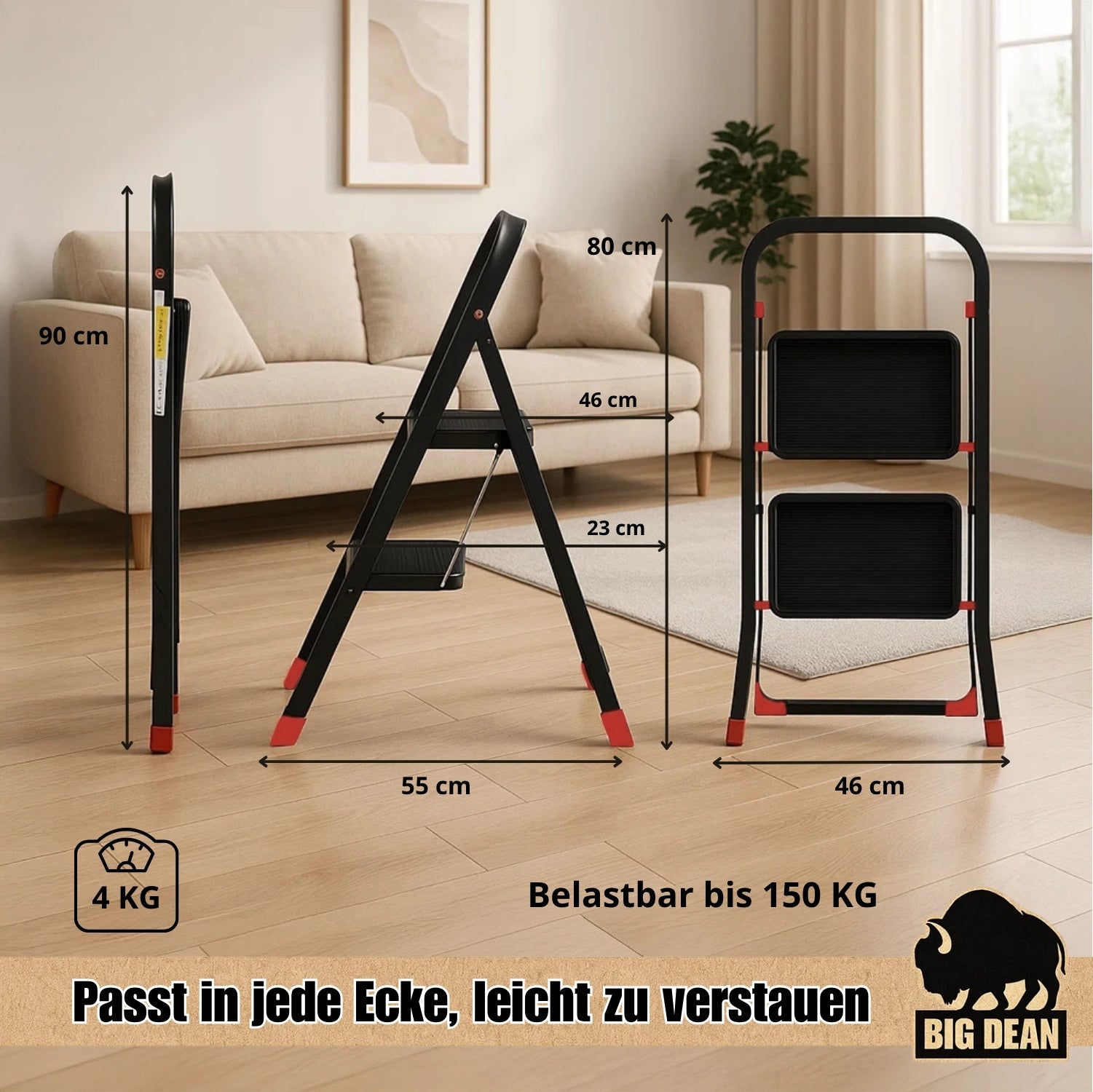 BigDean Trittleiter 2 Stufen klappbar 150 kg weiß