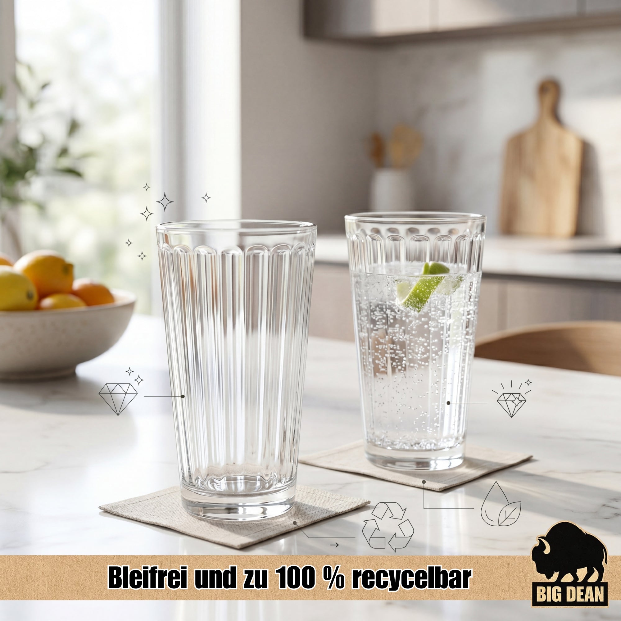 BigDean Küche & Vorrat Wassergläser 410 ml 6er Set Riffel