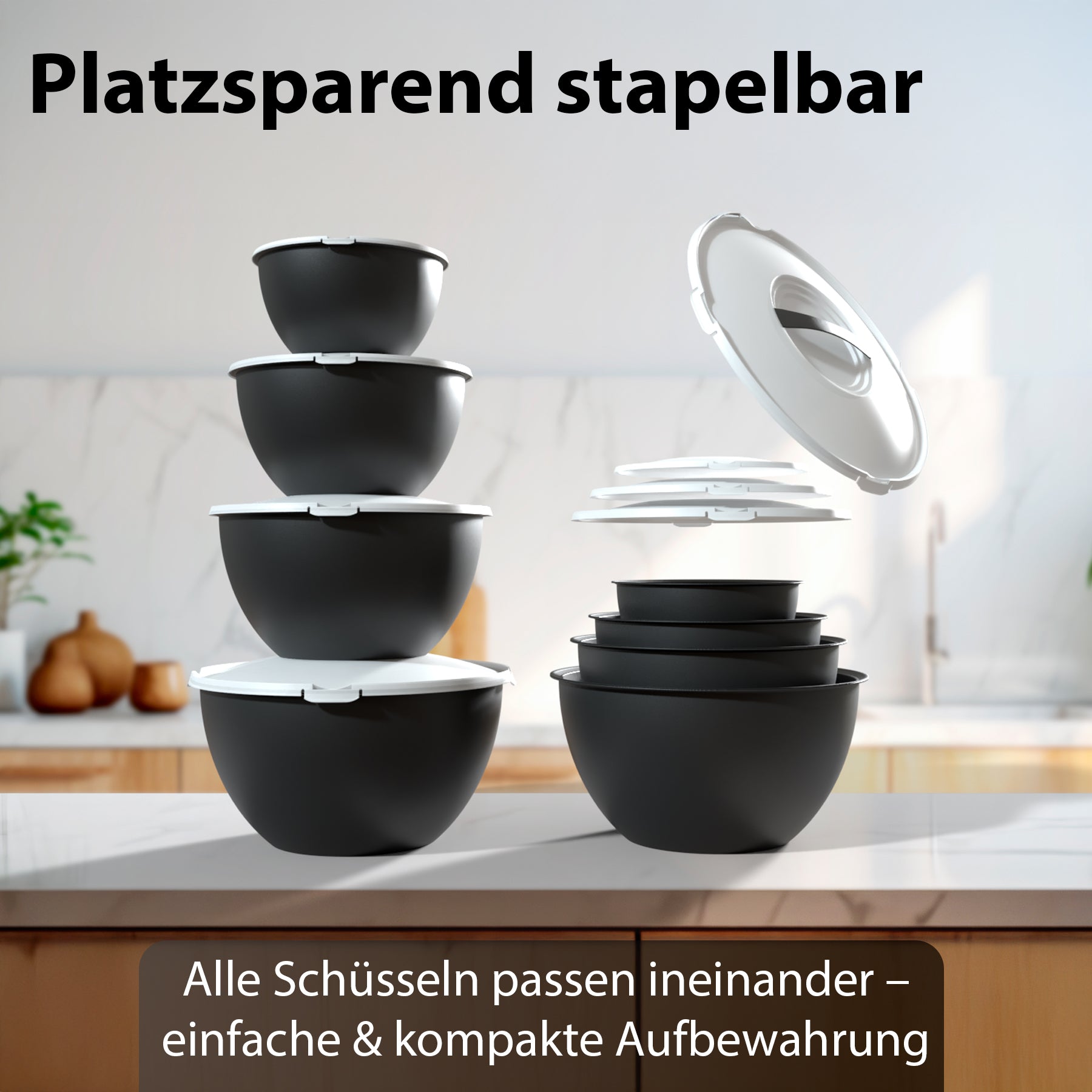 BigDean Küche Salatschüssel Set 4tlg 0,7-6L Anthrazit Deckel
