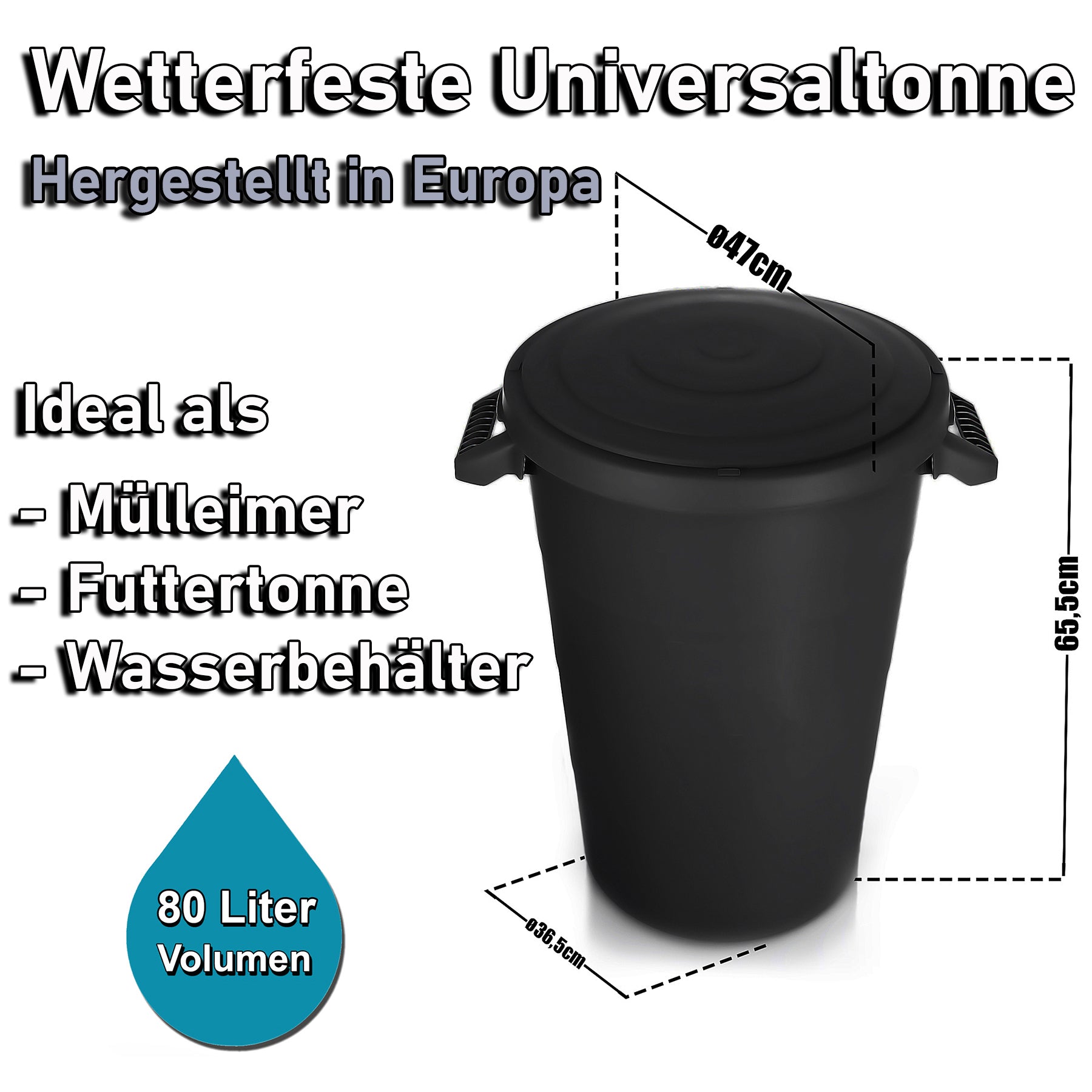 BigDean Haushalt Universaltonne 80 Liter schwarz mit Deckel
