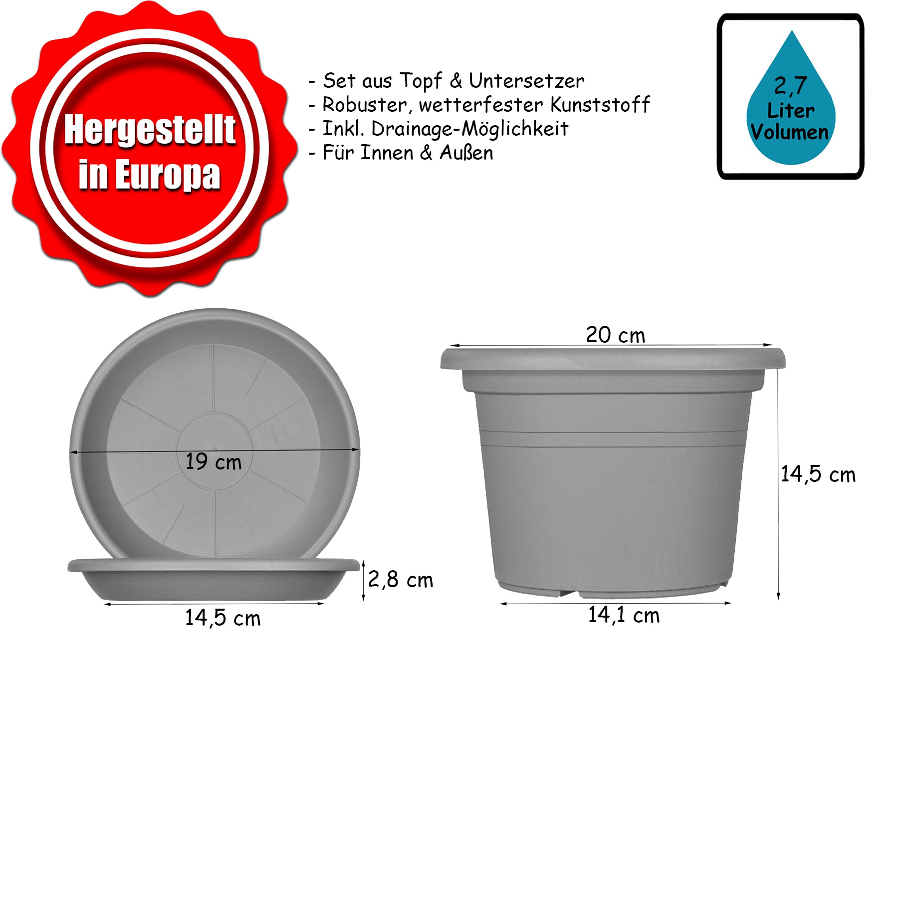 BigDean Garten Blumentopf Ø20cm Terrakotta 3er Set Untersetzer