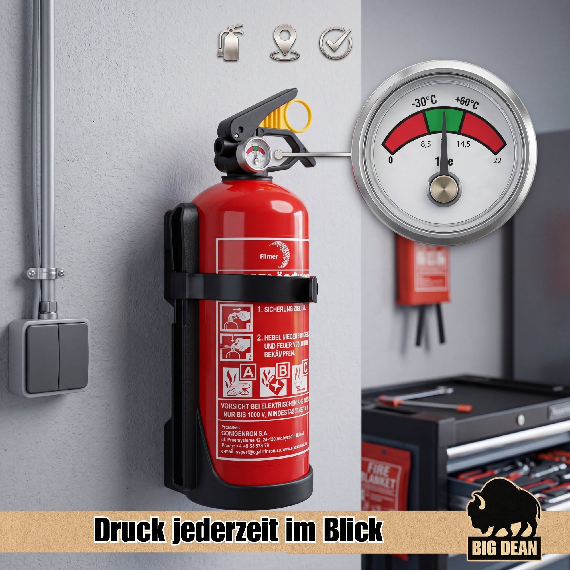 BigDean Feuerlöscher 1kg mit Halterung 2er Set Manometer