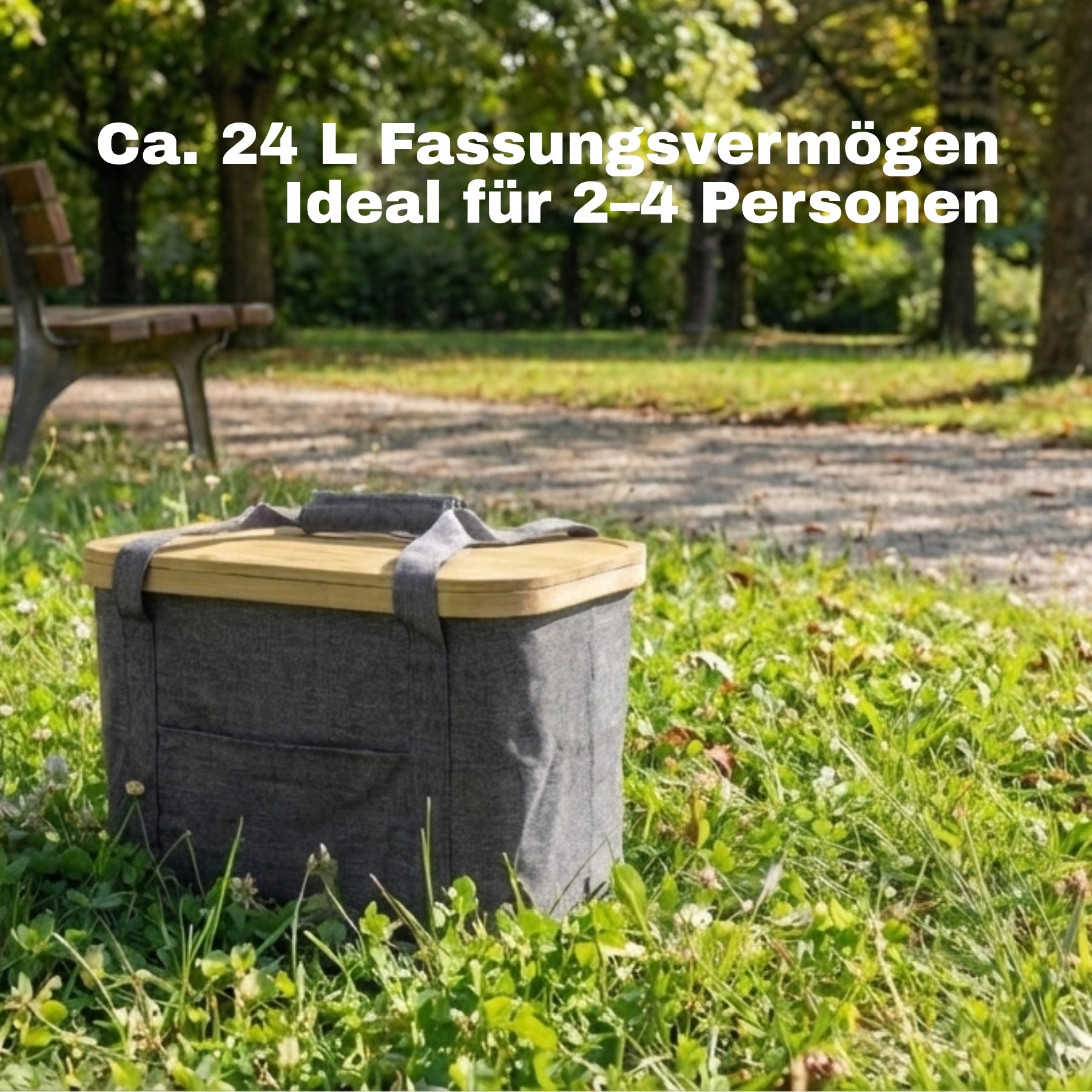 BigDean Picknicktasche 2-in-1 Kühltasche grau 24L mit Bambusdeckel