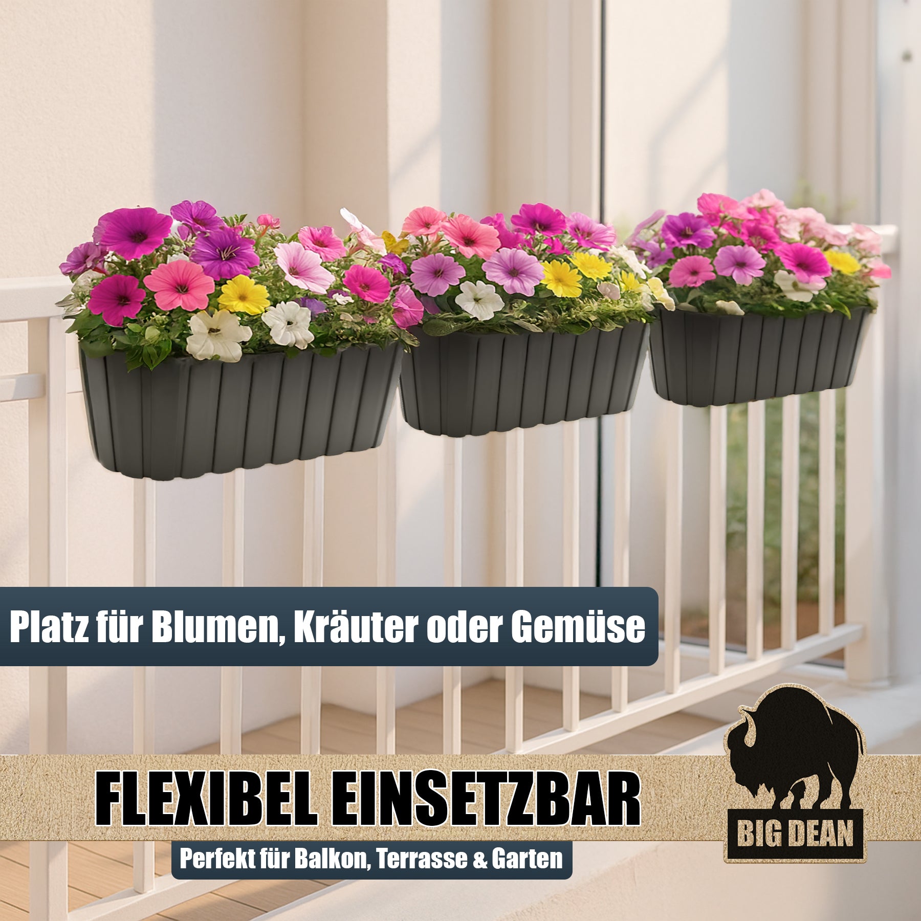BigDean Blumenkasten Balkon 39cm Anthrazit 3er Geländer