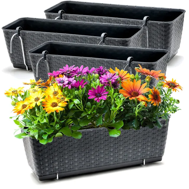 BigDean Garten 4er Blumenkästen Rattan 49 cm Anthrazit Bewässerung