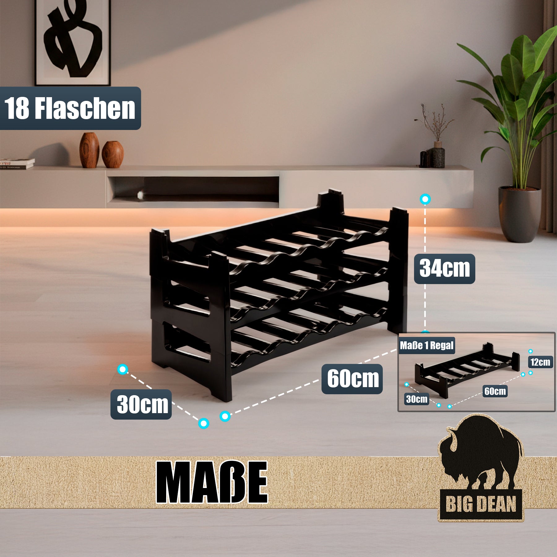 BigDean Küche & Vorrat Flaschenregal 18 Flaschen Schwarz stapelbar