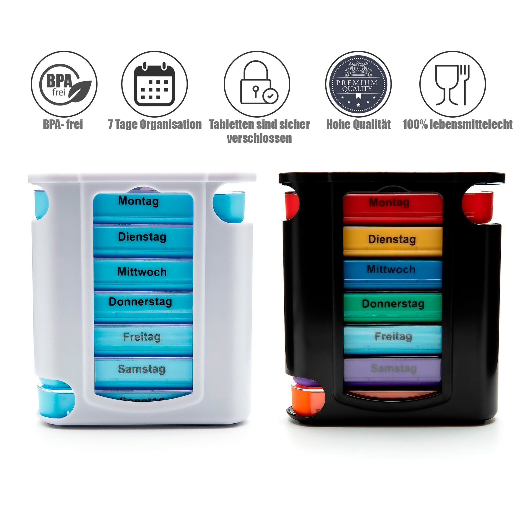 BigDean Haushalt Tablettenbox 7 Tage 2er Set Schwarz-Weiß BPA-frei