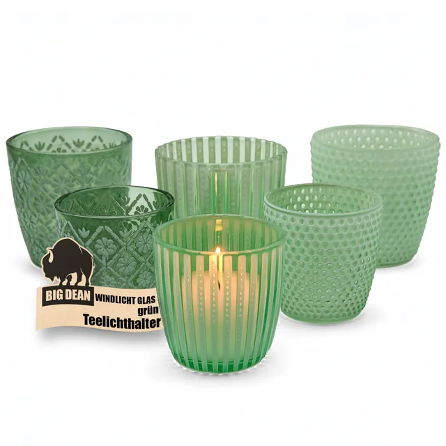 BigDean Haushalt Teelichthalter Glas grün 6er Set Tischdeko