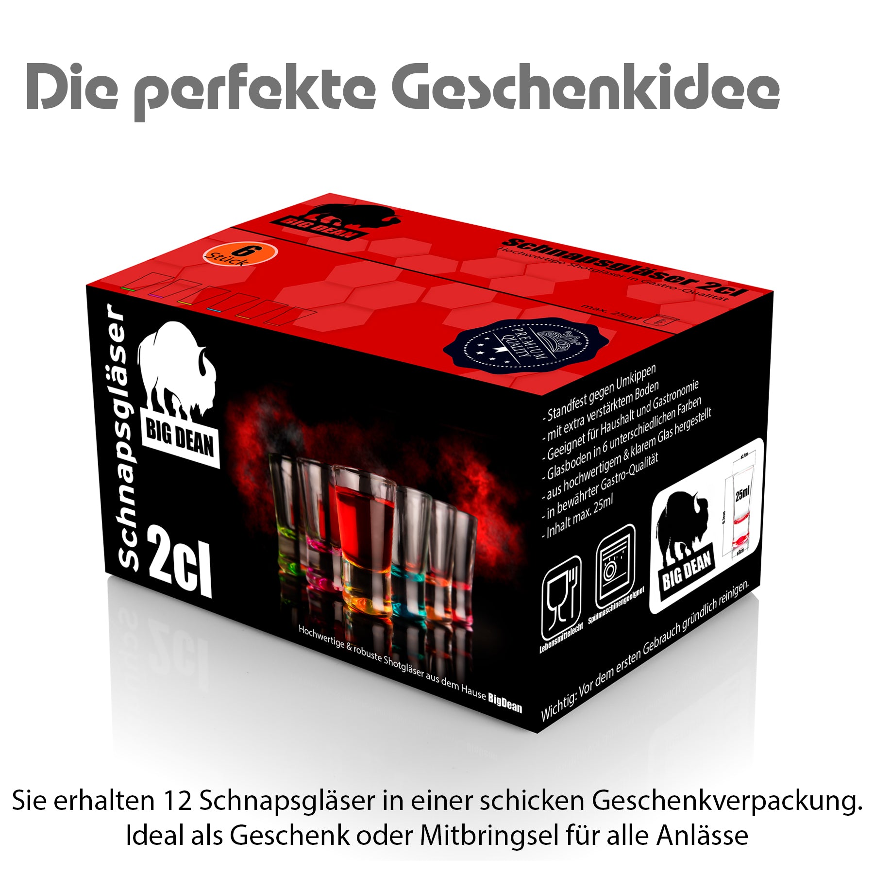 BigDean Schnapsgläser 2cl farbig 12 Stück Geschenkbox