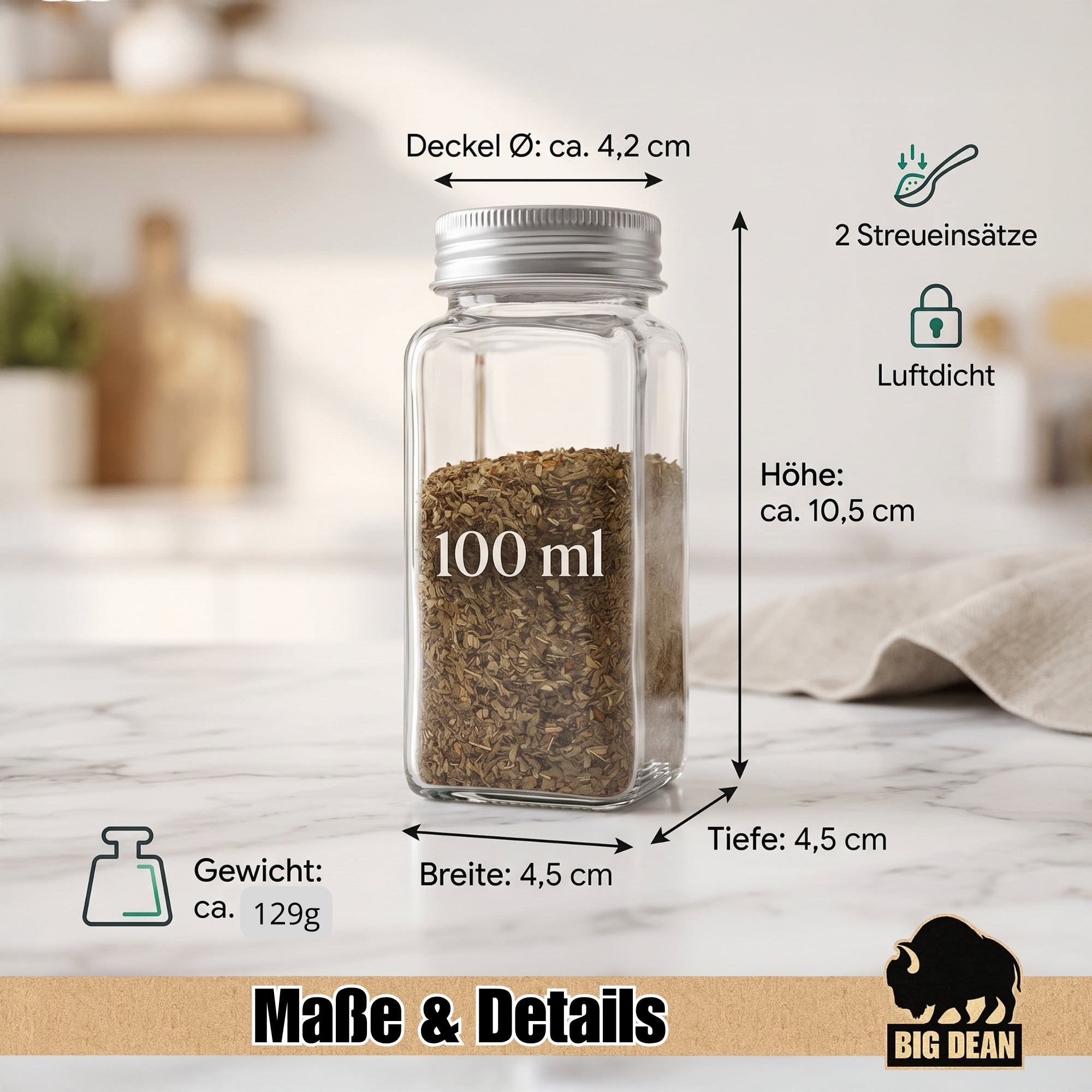 BigDean Gewürzgläser eckig luftdicht 24er 100 ml Aludeckel