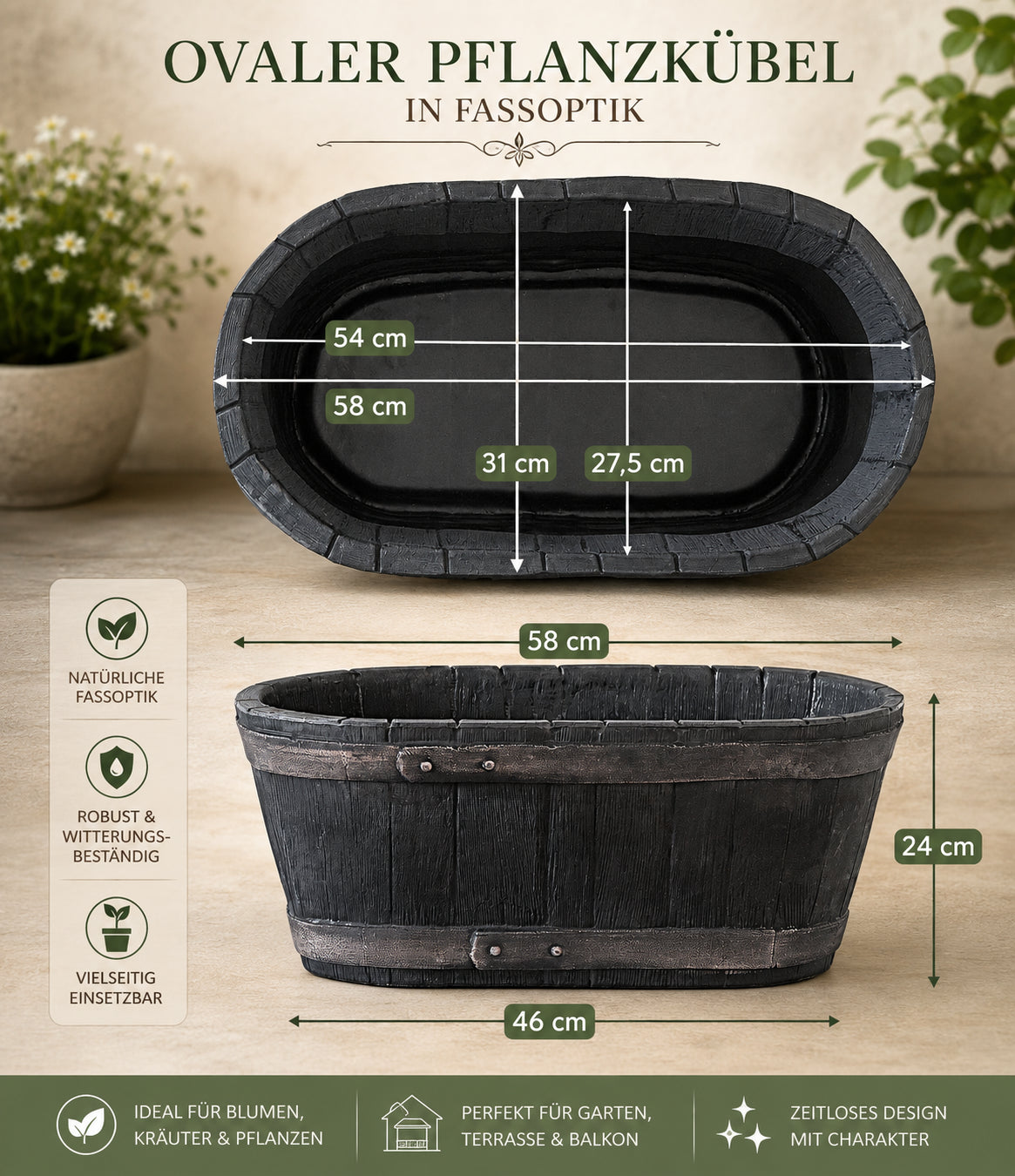 BigDean Weinfass Eichenfass oval Kunststoff 58cm Holzoptik