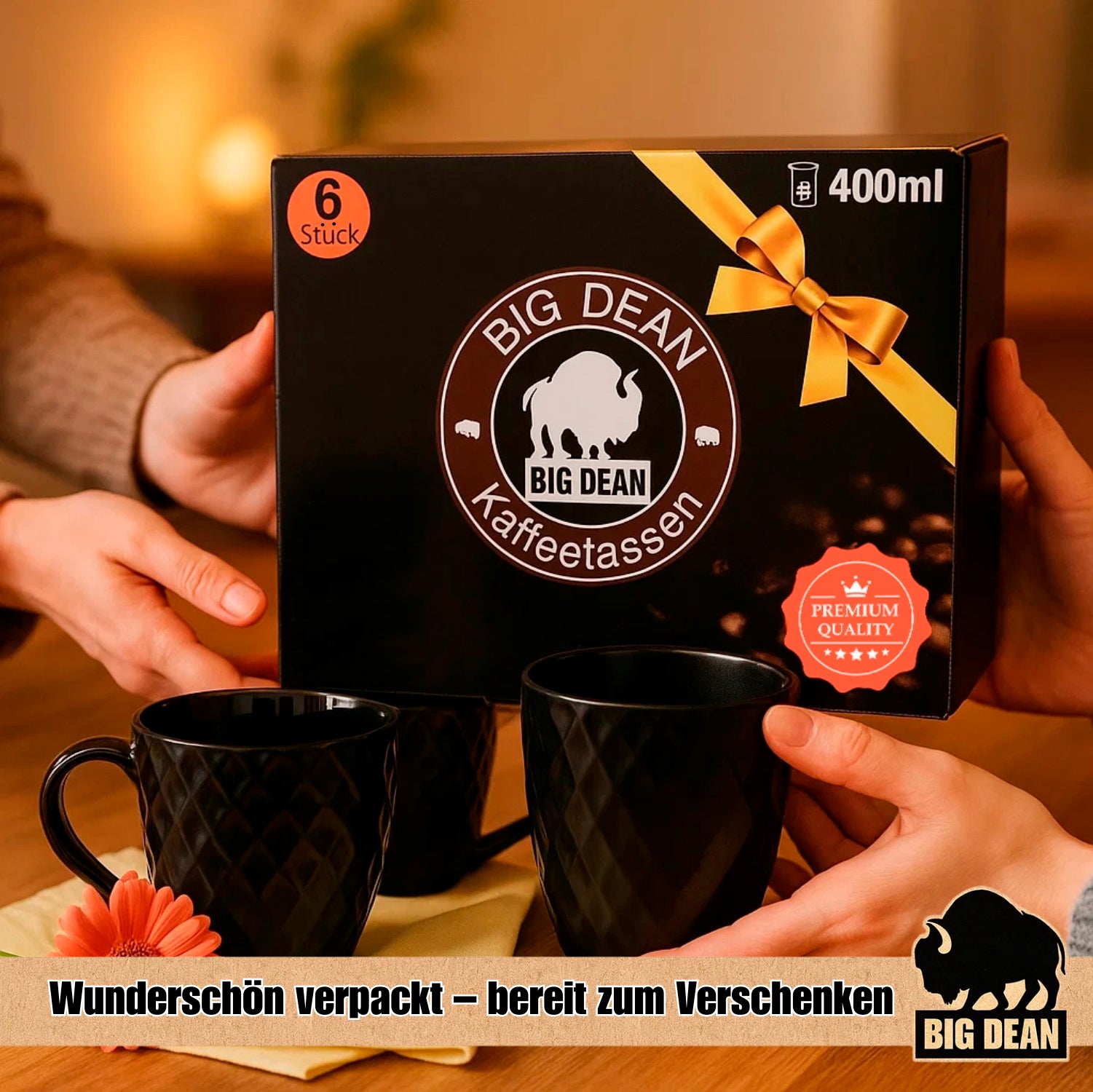 BigDean Küche Kaffeetassen 400ml schwarz matt 6er Keramik